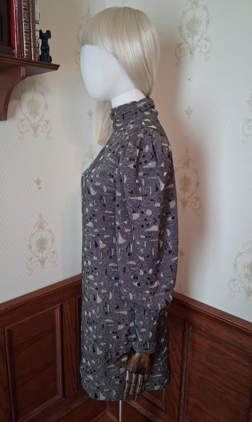 Vintage 80s All that Jazz Metallic Gold New Wave Puff Sleeve Bodycon Mini Dress