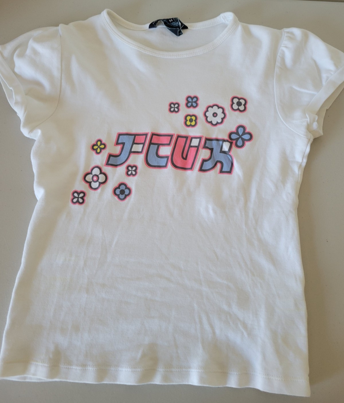 Vintage French Connection FCUK Graphic Flowers Print White T-Shirt Size M RARE