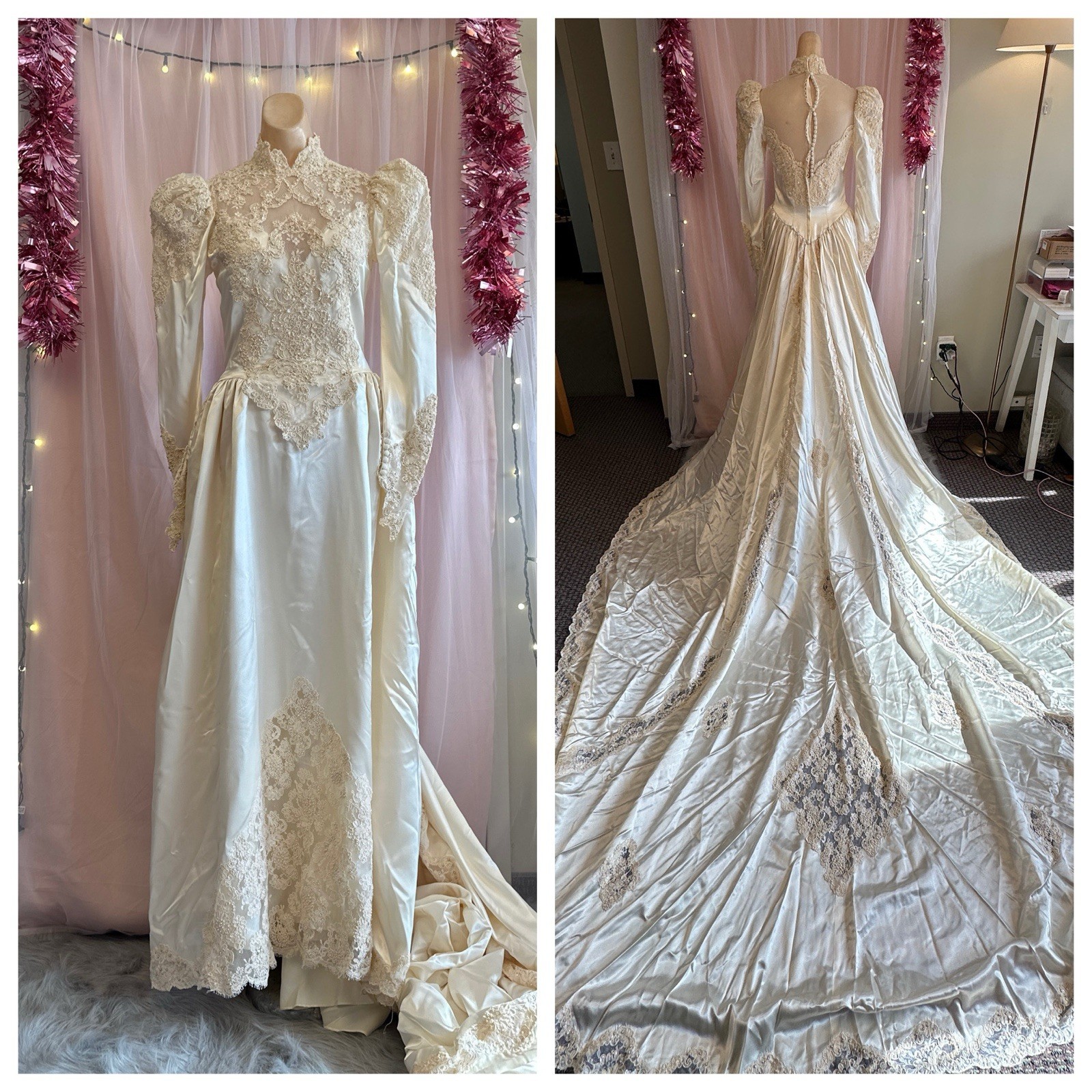 Vintage 80s Candlelight Satin Wedding Dress Ivory Beaded Cathedral Train XS/S