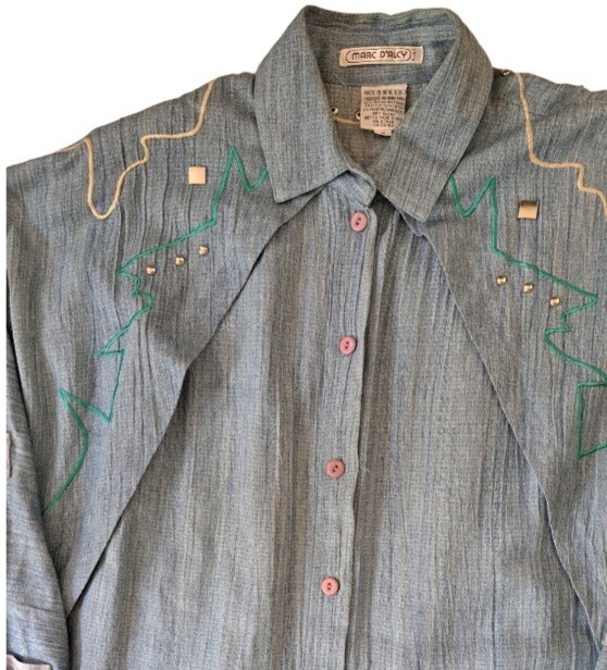 Vtg 80s Marc D’Alcy Western Shirt Sz 6 Studded Embroidered Dolman Sleeve