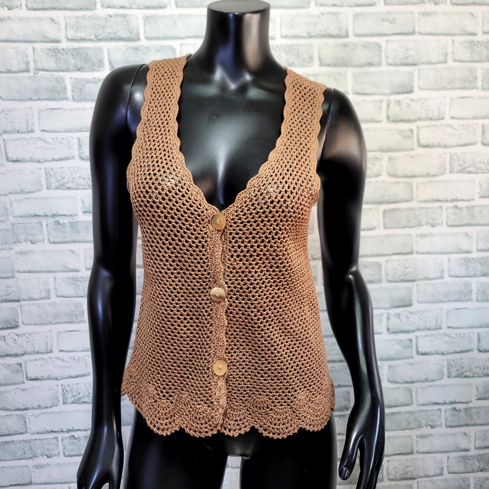 Vintage 90s Does 70s Island Spice M Crochet Knit Vest Top Buttons Hippie Boho