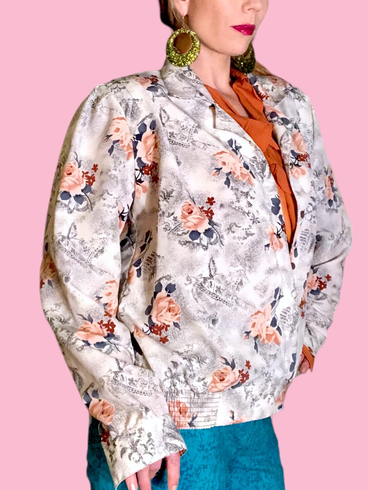Vintage 80s White, Light Grey & Pink Rose Button down Jacket/Blouse/Windbreaker
