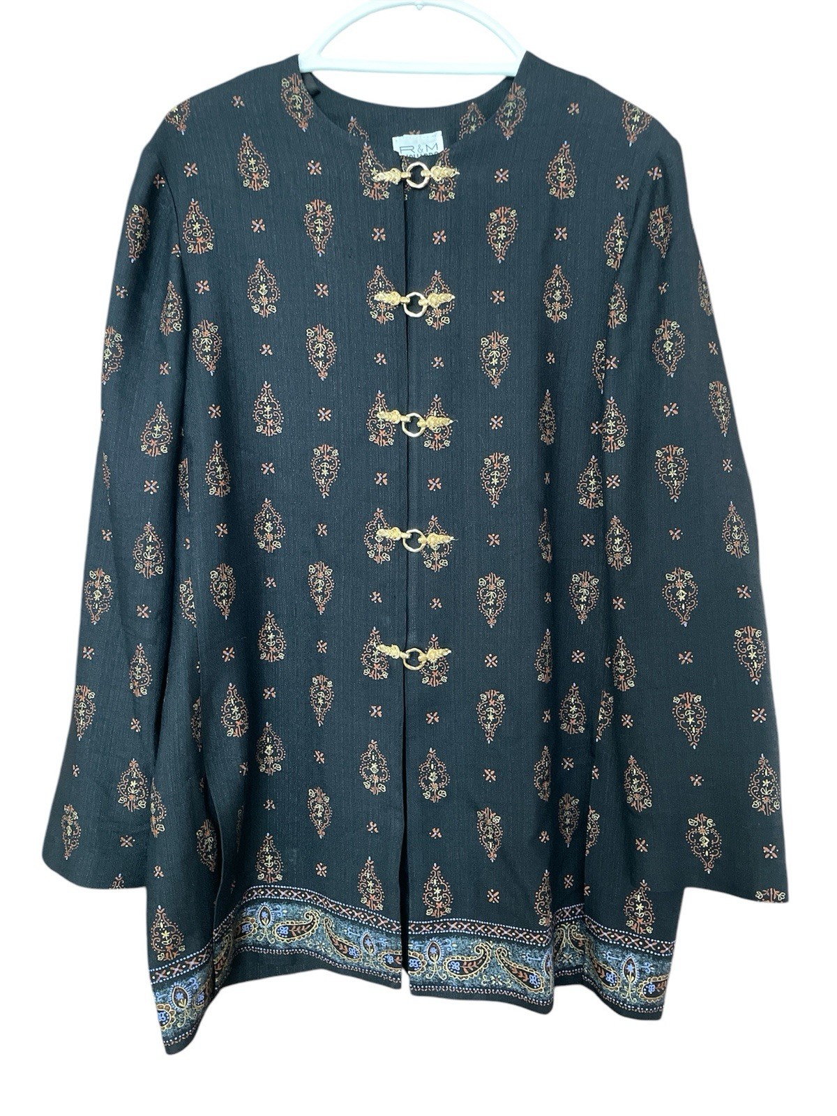 Vintage 80’s R&M Richards Women’s Black Tunic Top Elaborate Gold Front Hooks 16