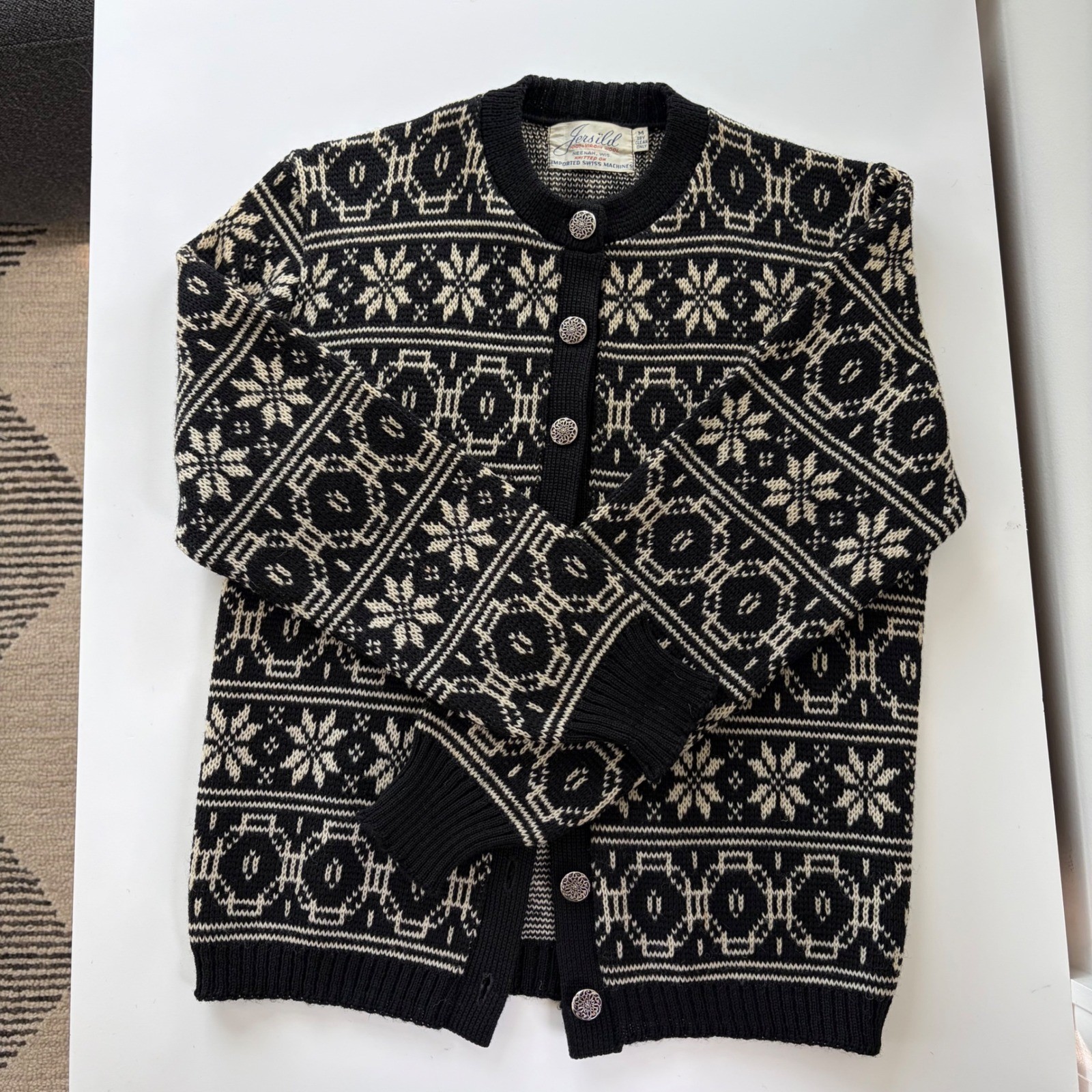 Jersild Vintage Nordic Snowflake Virgin Wool Cardigan Black Cream Metal Buttons