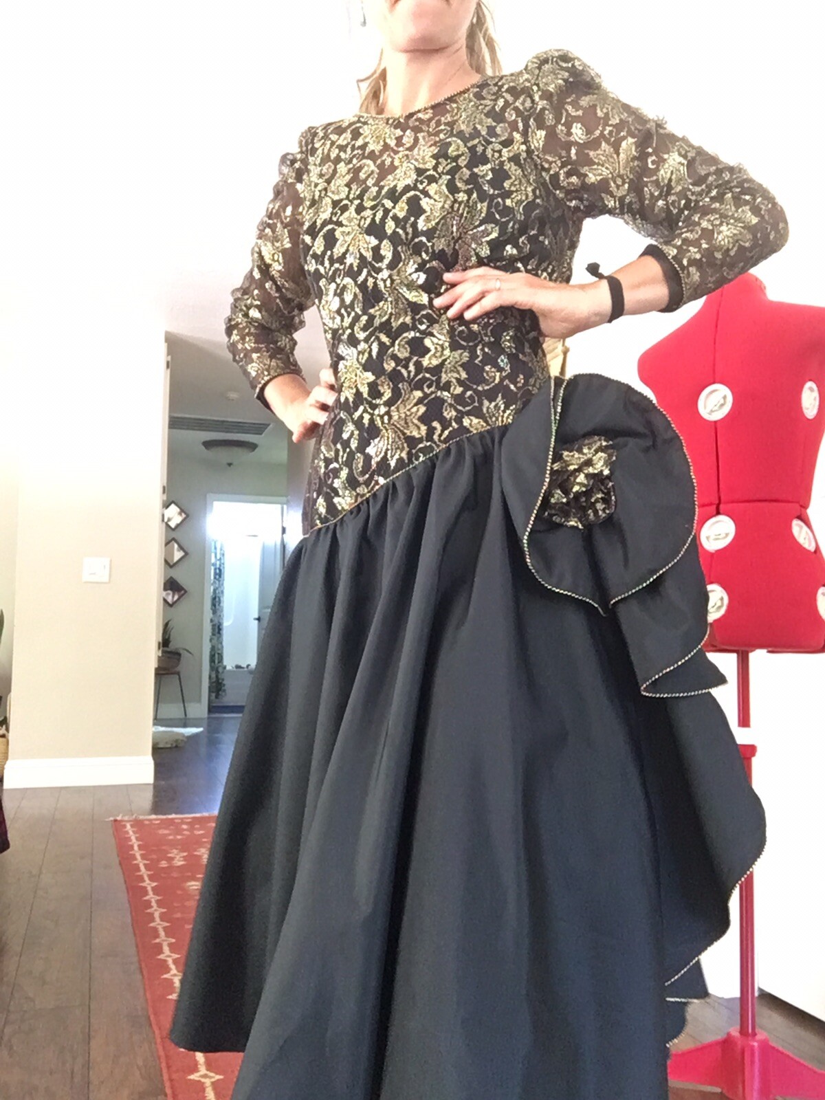 1980s 1990s Party Samir Antonio Ruspoll Dress Black Gold Sz 14 Lace flamenco