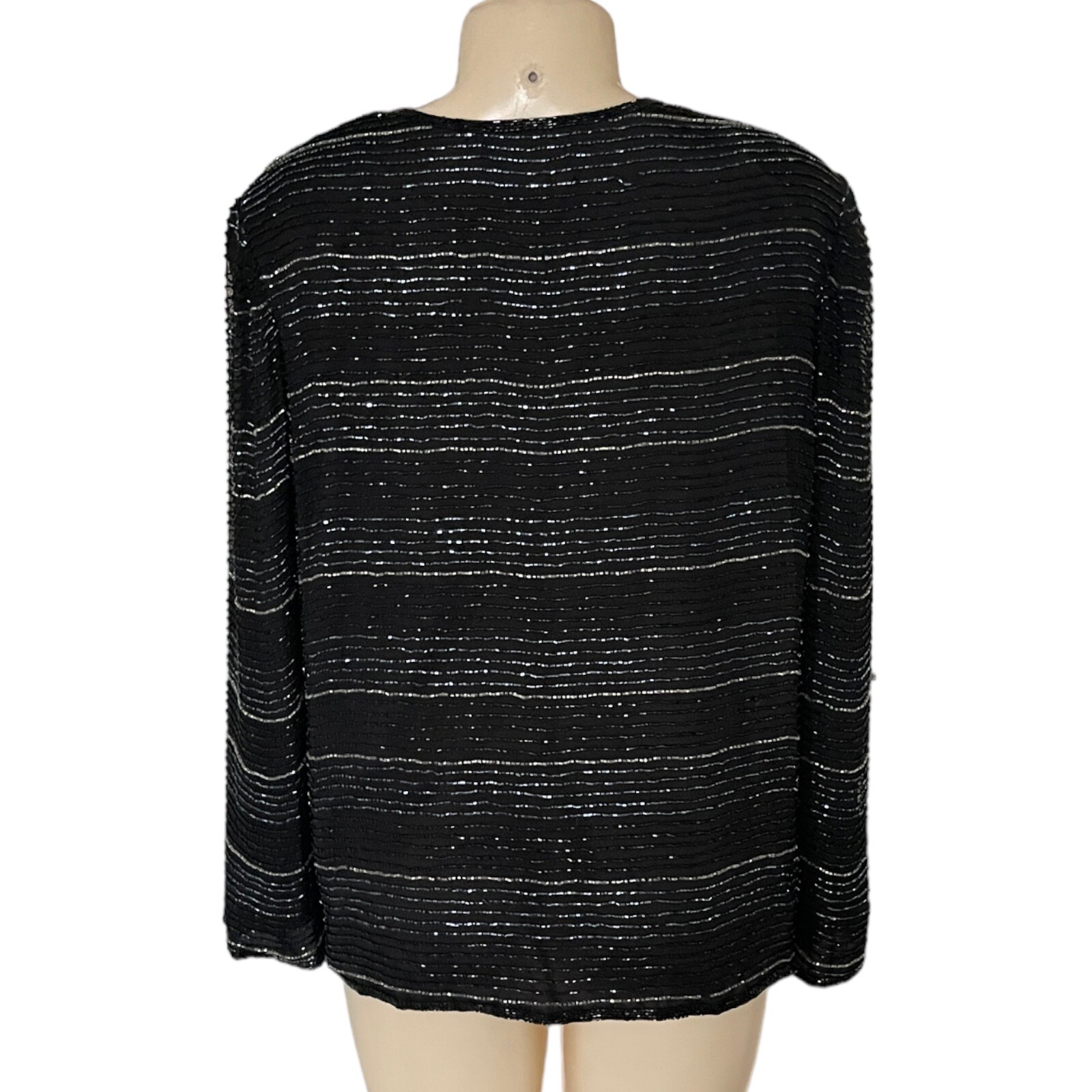 80s Laurence Kazar Hand Beaded Silk Jacket Black Wedding Guest Formal Blazer L