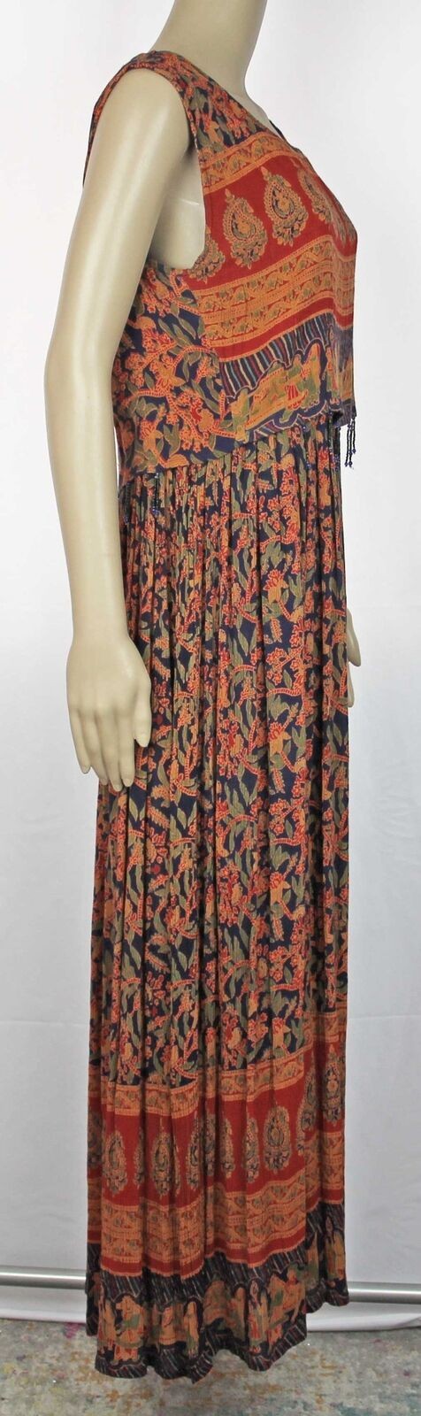 Vintage Rayon Maxi Dress Boho Festival Hippie India Glass Bead Tassels M
