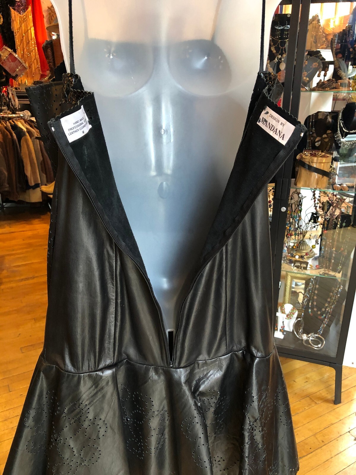 Vintage 80’s Black Leather and Silk-like Lined Dress Women’s Medium