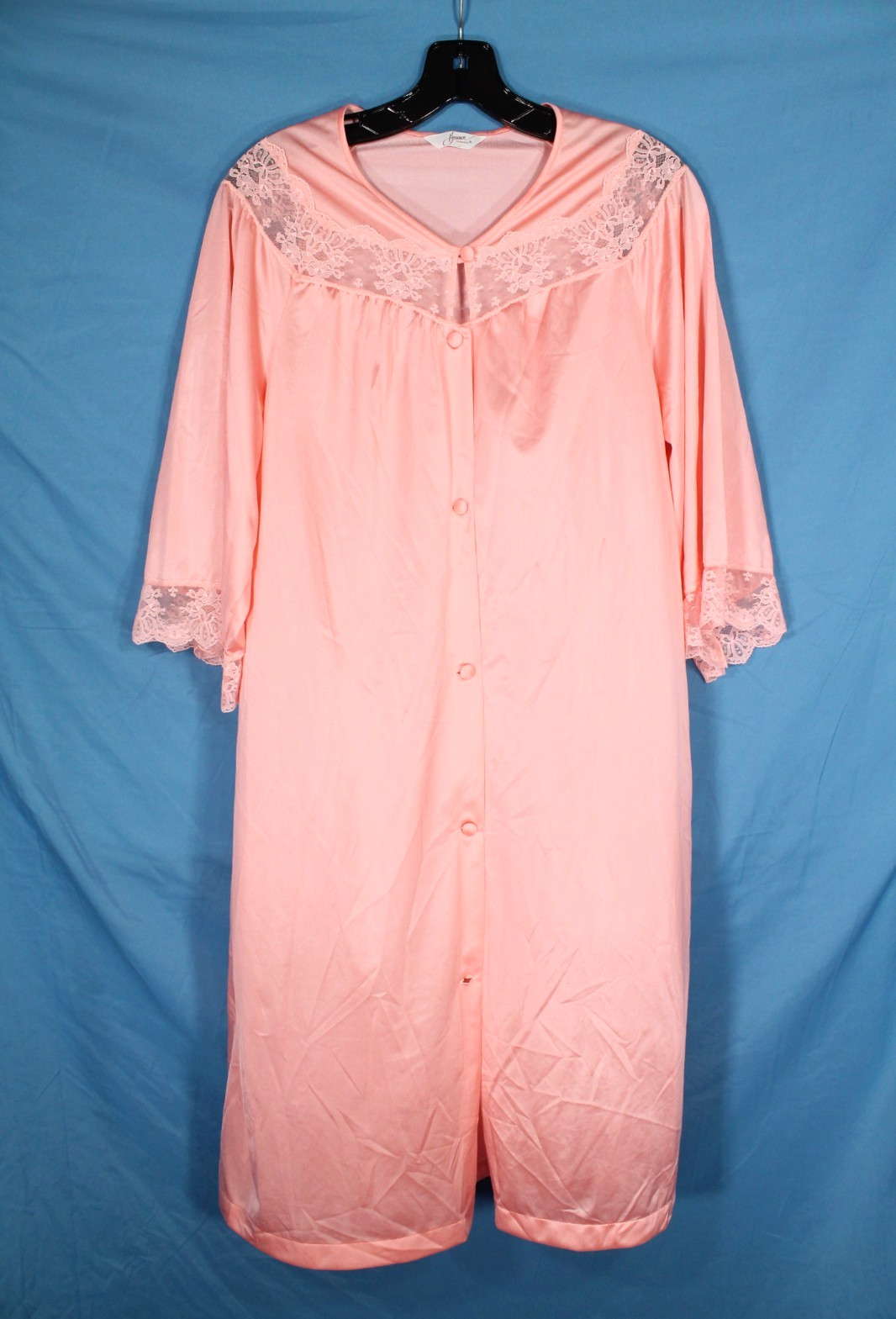 VTG HENSON KICKERNICK Pink NYLON Sheer Lace Detail SIDE POCKETS Lounge ROBE Sz M