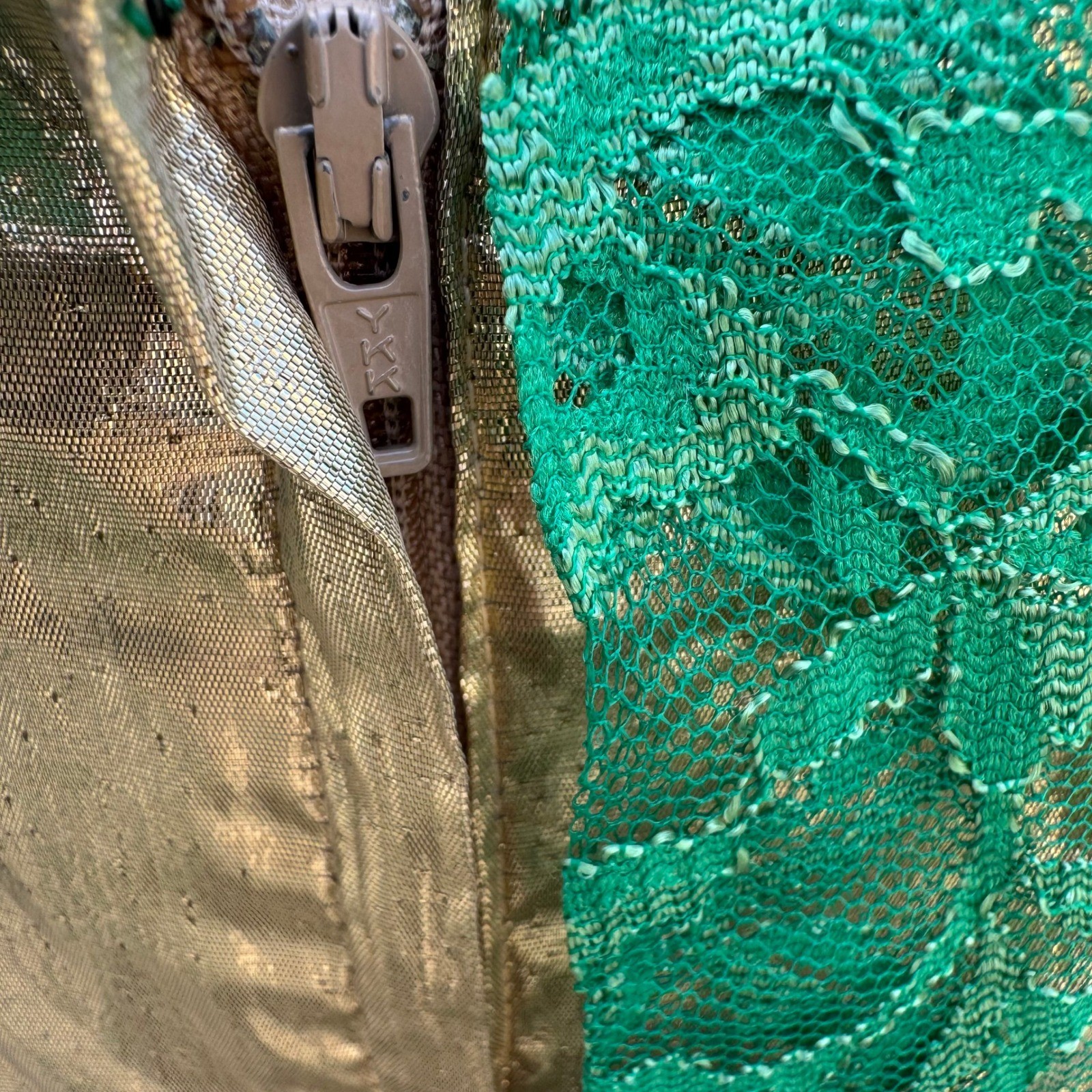 Vintage Green Floral Lace Gold Metallic Tiered Maxi Dress Square Neck Handmade