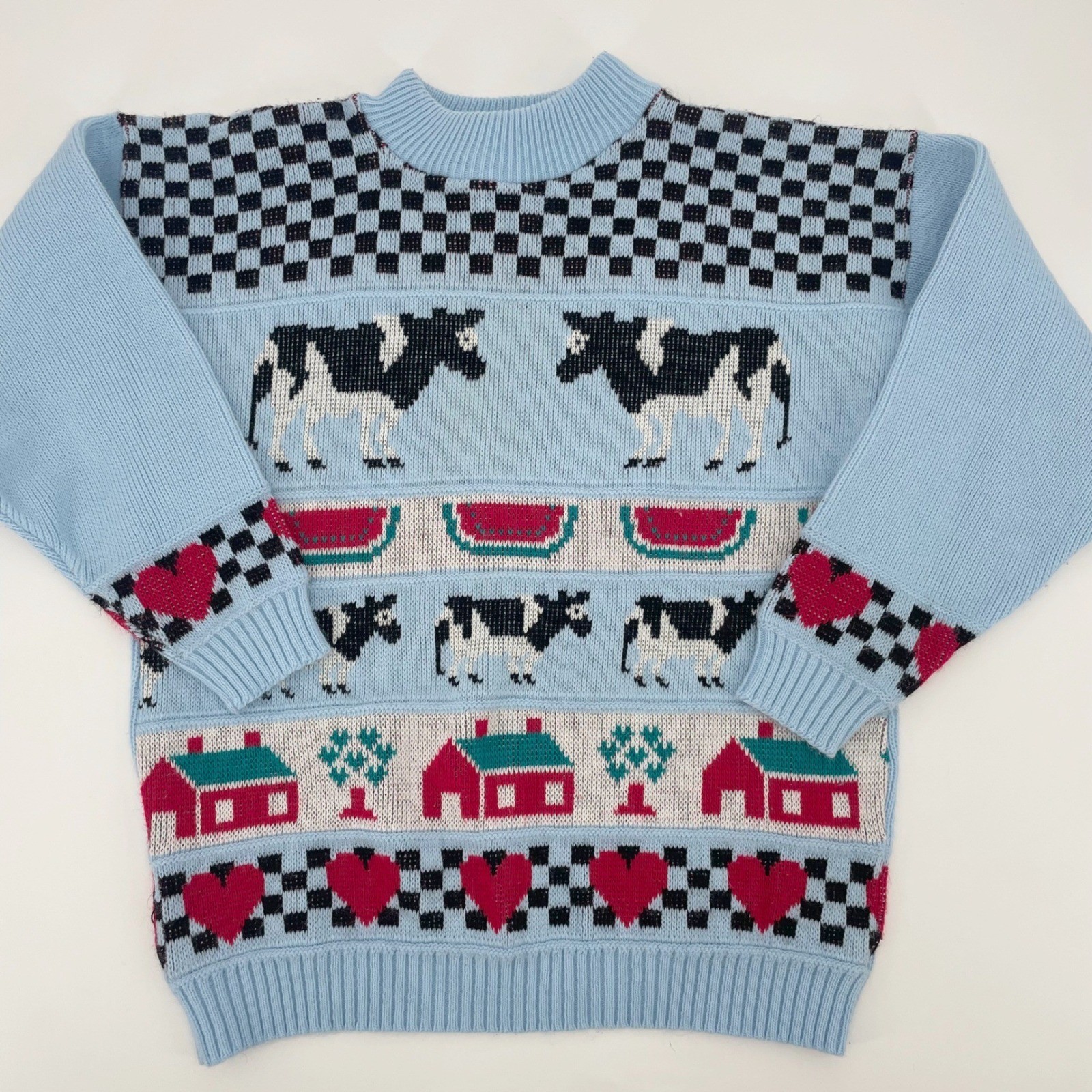 VTG Adele Knitwear Vintage Cow Watermelon Cottagecore Sweater Blue Made in USA
