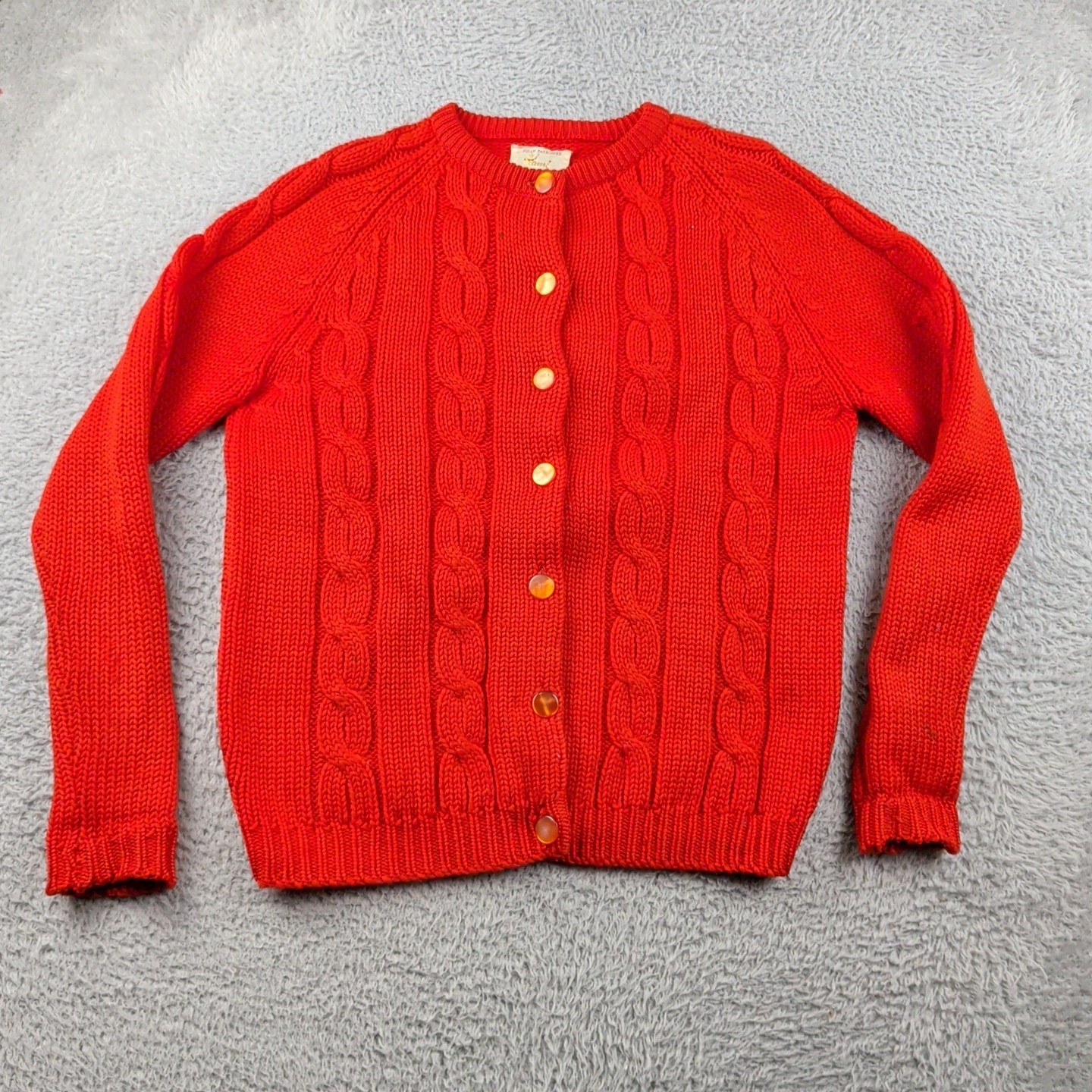 VTG 60s 70s Tami Sweater Womens Red Orange Cable Knit British Colony Hong Kong