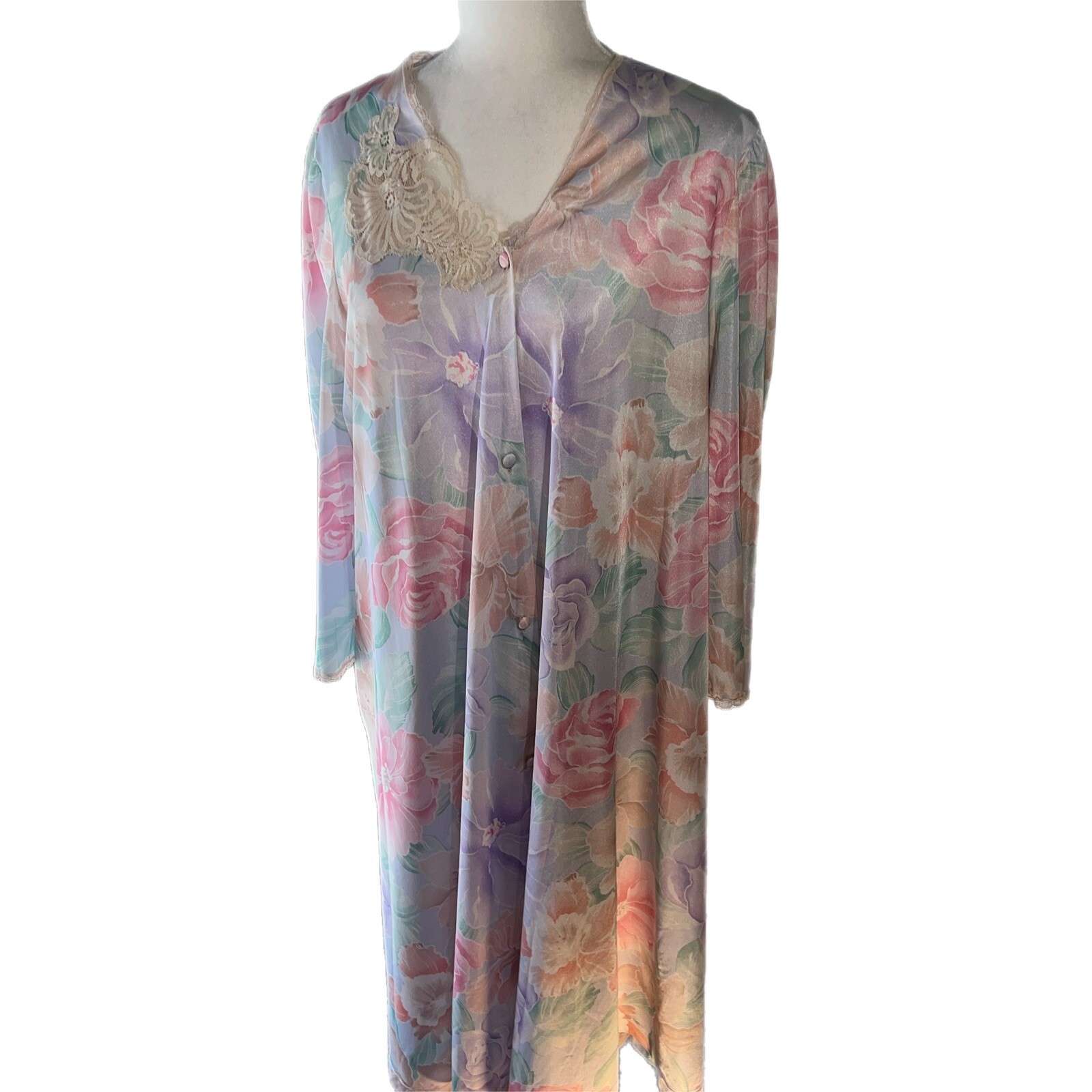 EUVC Vanity Fair Peignoir Set Robe & Gown Covered Buttons Pocket Lace Pastels L