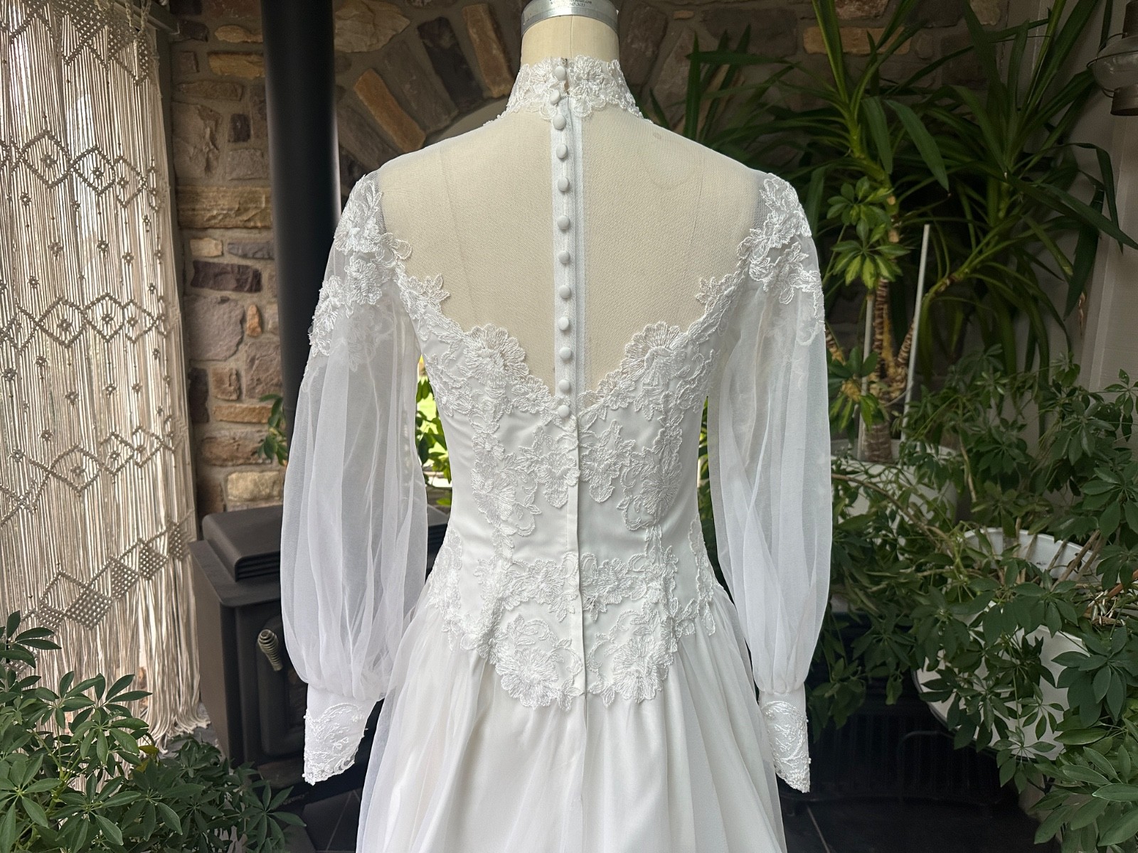 Vintage 1970s White High Neck Nylon Chiffon and Lace Wedding Gown