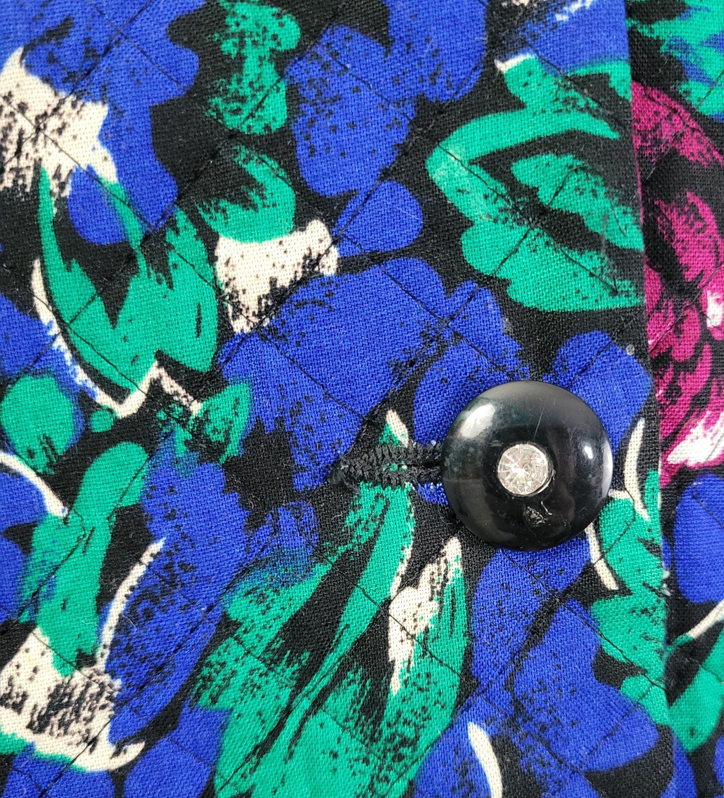 Vtg Stephen Douglas Ltd Blue & Green w Purple Flowers Quilted Jacket Size 14