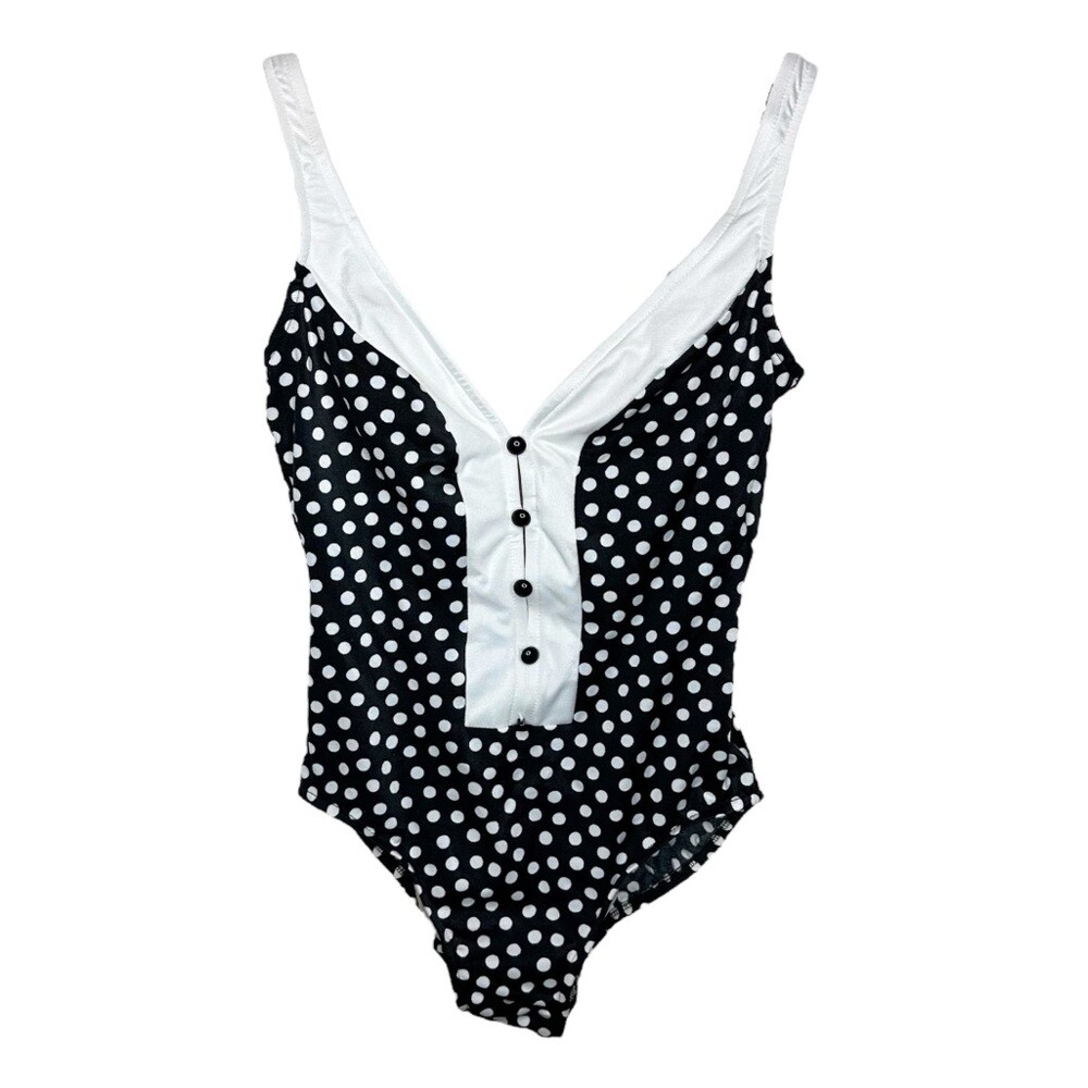 Vintage NOS NWT Gabar Polka Dot Button Detail High Leg One Piece Swimsuit