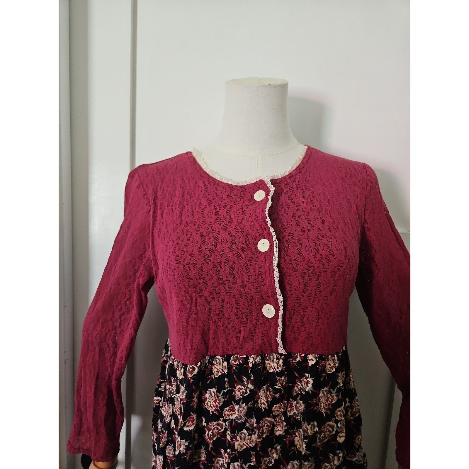 VTG 90s LA Chic California Floral Dress Burgundy Grunge Prairie Cottagecore S