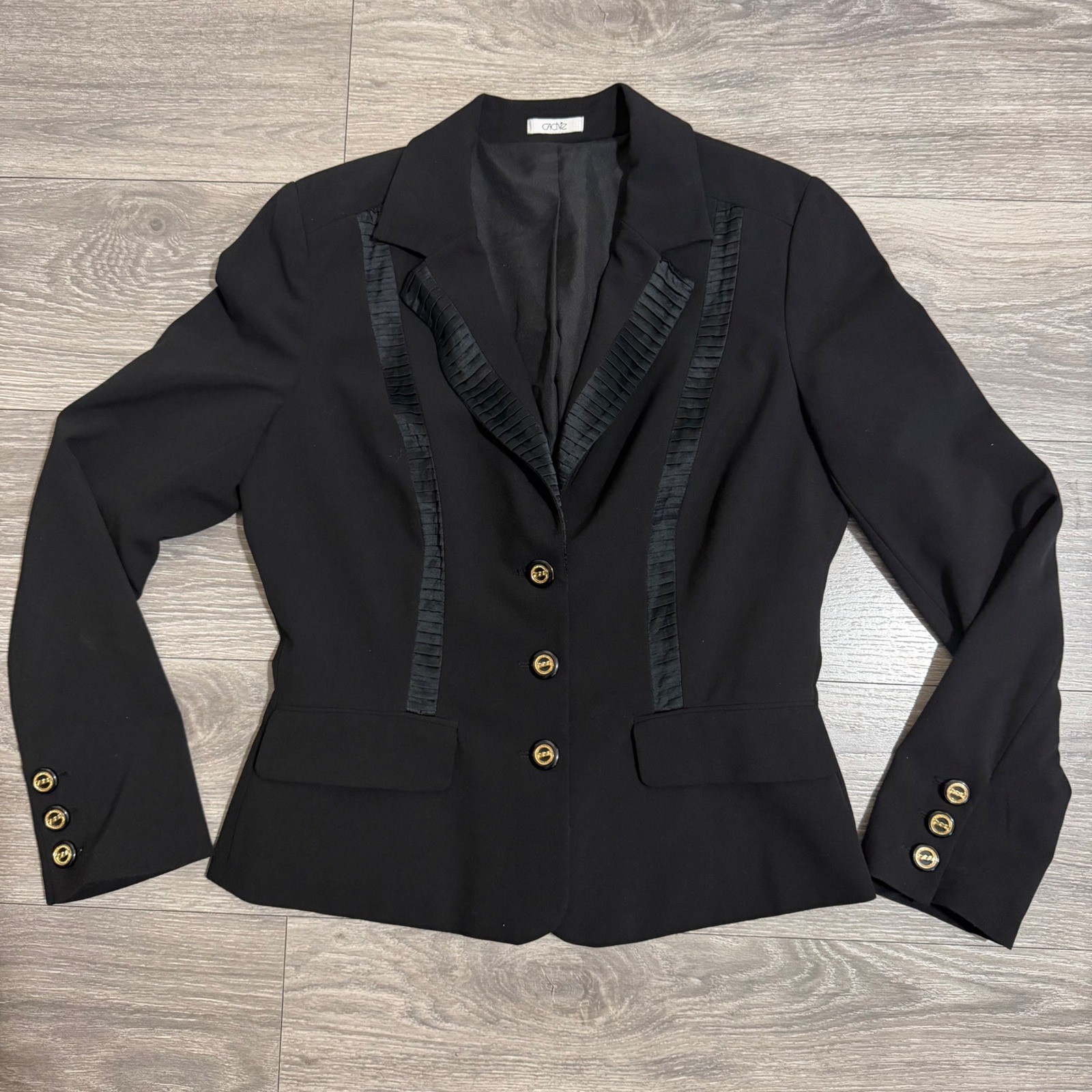 Vintage Cache Womens Black Blazer Size 10 Silk Pleated Trim Gold Button Tailored