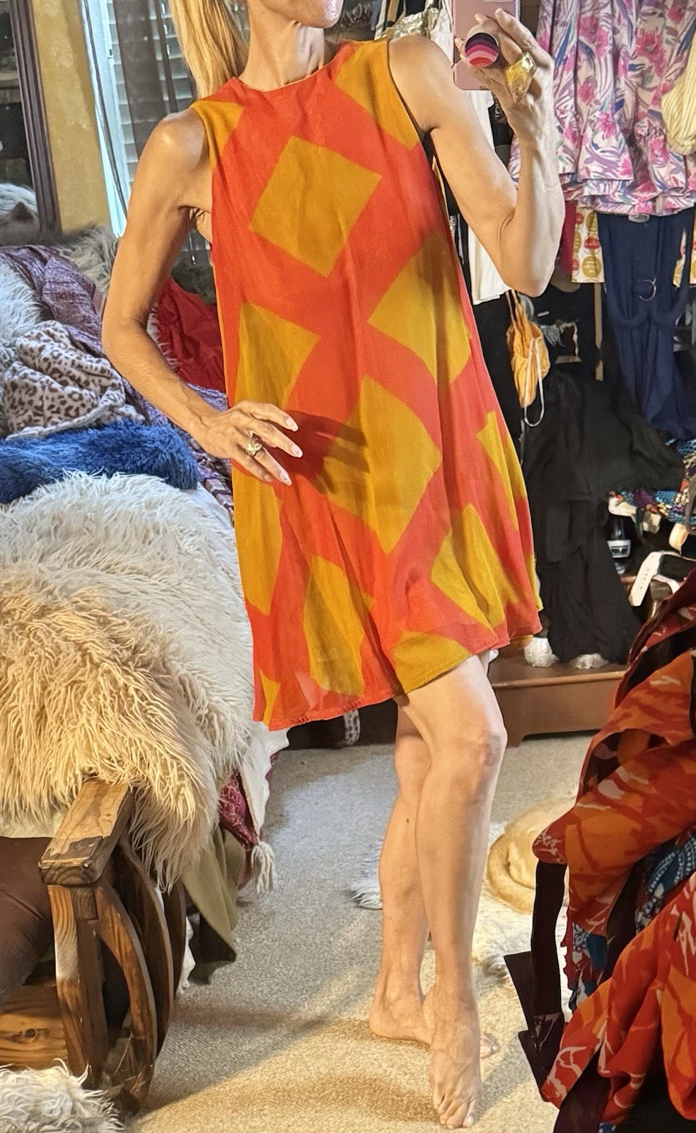 Vtg Johnnye Geo Color Block Tent Aline 60s Dress Swing Semi Sheer XS
