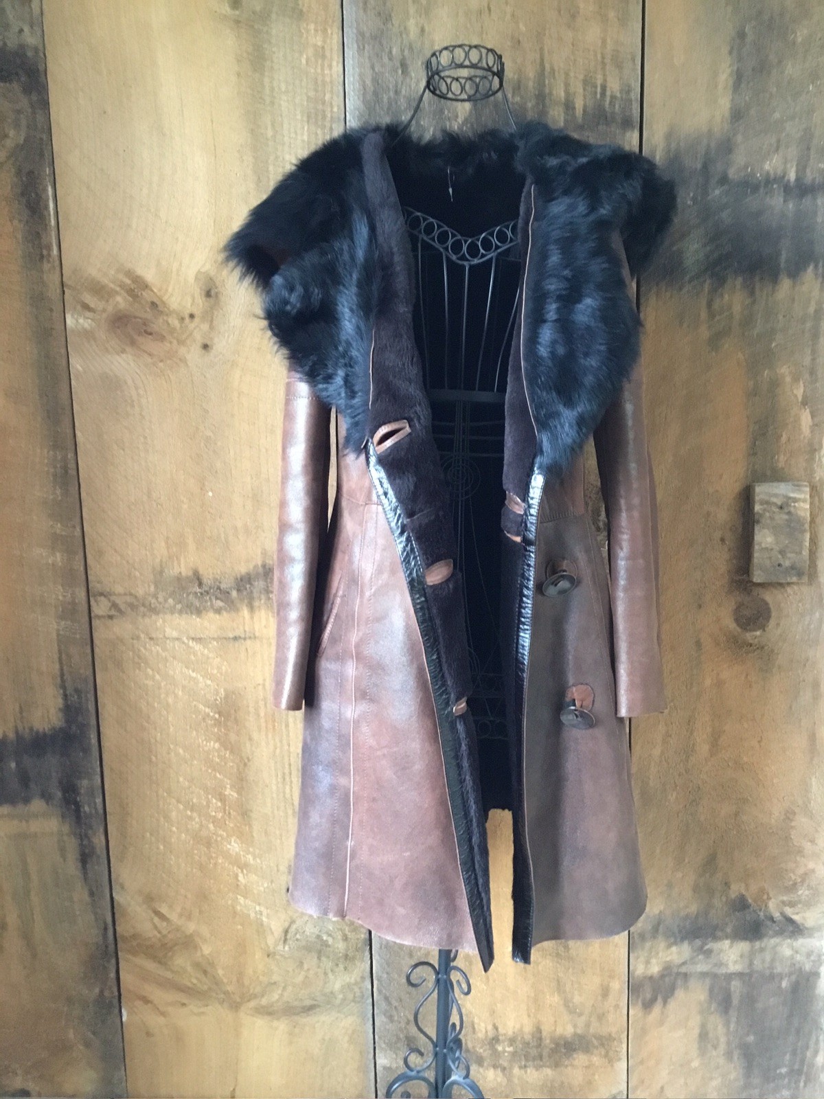 Vintage Faux Fur & Leather Jacket 60s 70s Coat Size Small/Med
