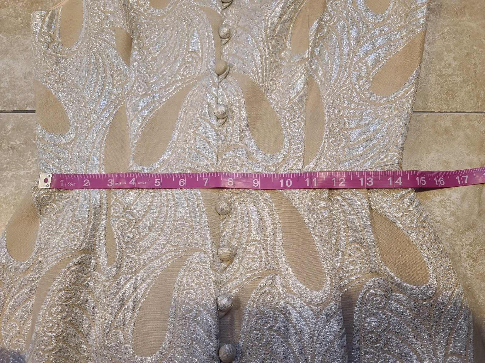 VTG MOD 60 Eve Le Coq Tan Metallic Silver Lame Brocade Paisley Dress Women’s S-M