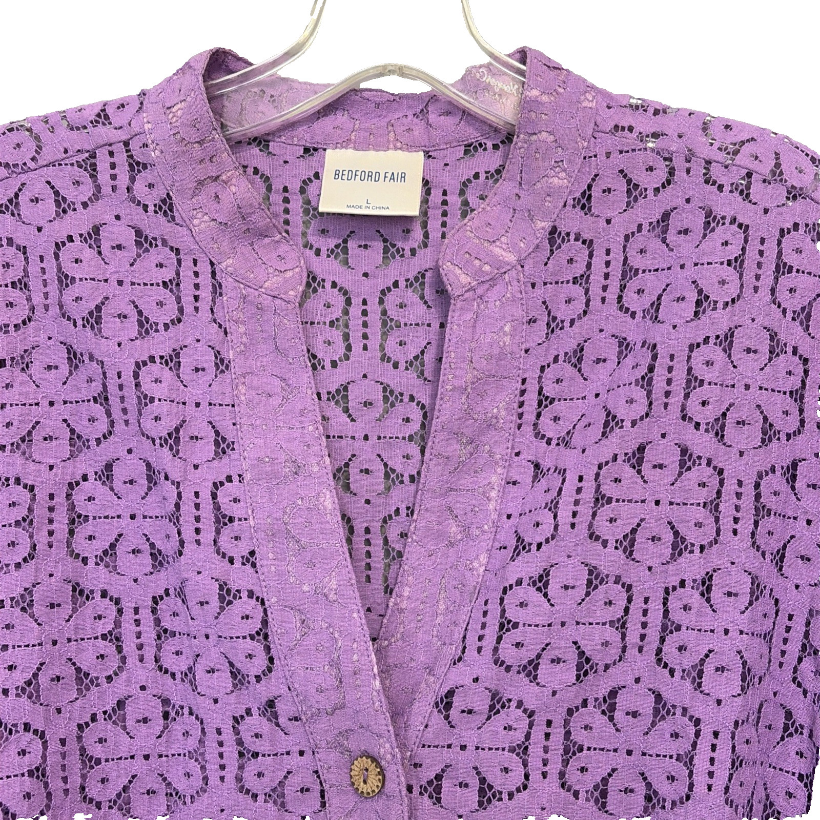 Lace Lavender Jacket Cardigan Blouse Sz Lg Bedford Fair Floral 3/4 Cuff Sleeve
