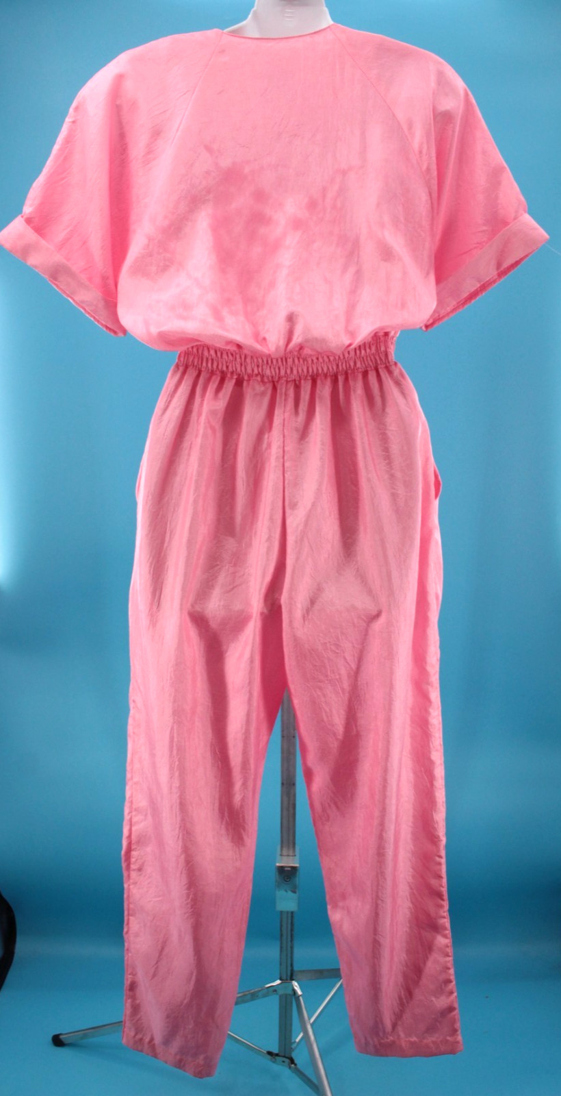 Vtg Women’s 80s Pink Shiny Polyester Fabric Jumpsuit Sz S 1980s F/stop