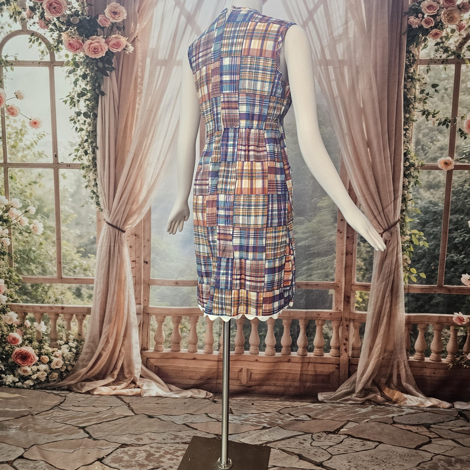 Vintage DEADSTOCK 1960’s Dress Fitted Patchwork Print Scalloped Hemlime NWT