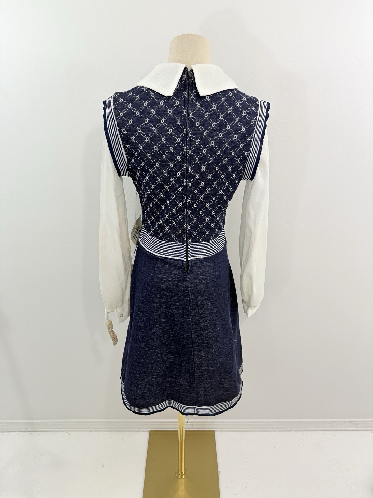 VTG 60s double knit peter pan collar dress l/s knee length navy white deadstock