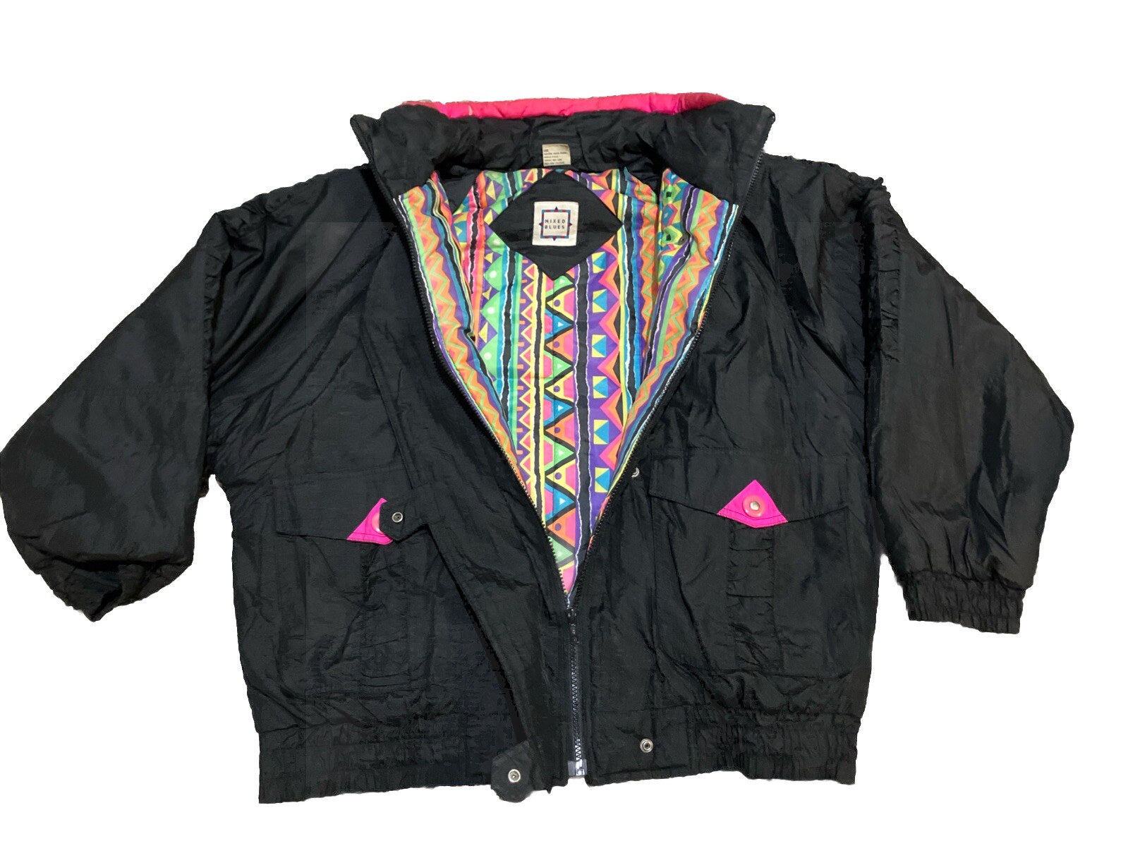 90s Vintage Nylon Jacket Womens Large Black Retro Neon Pink Skiwear Mixed Blues