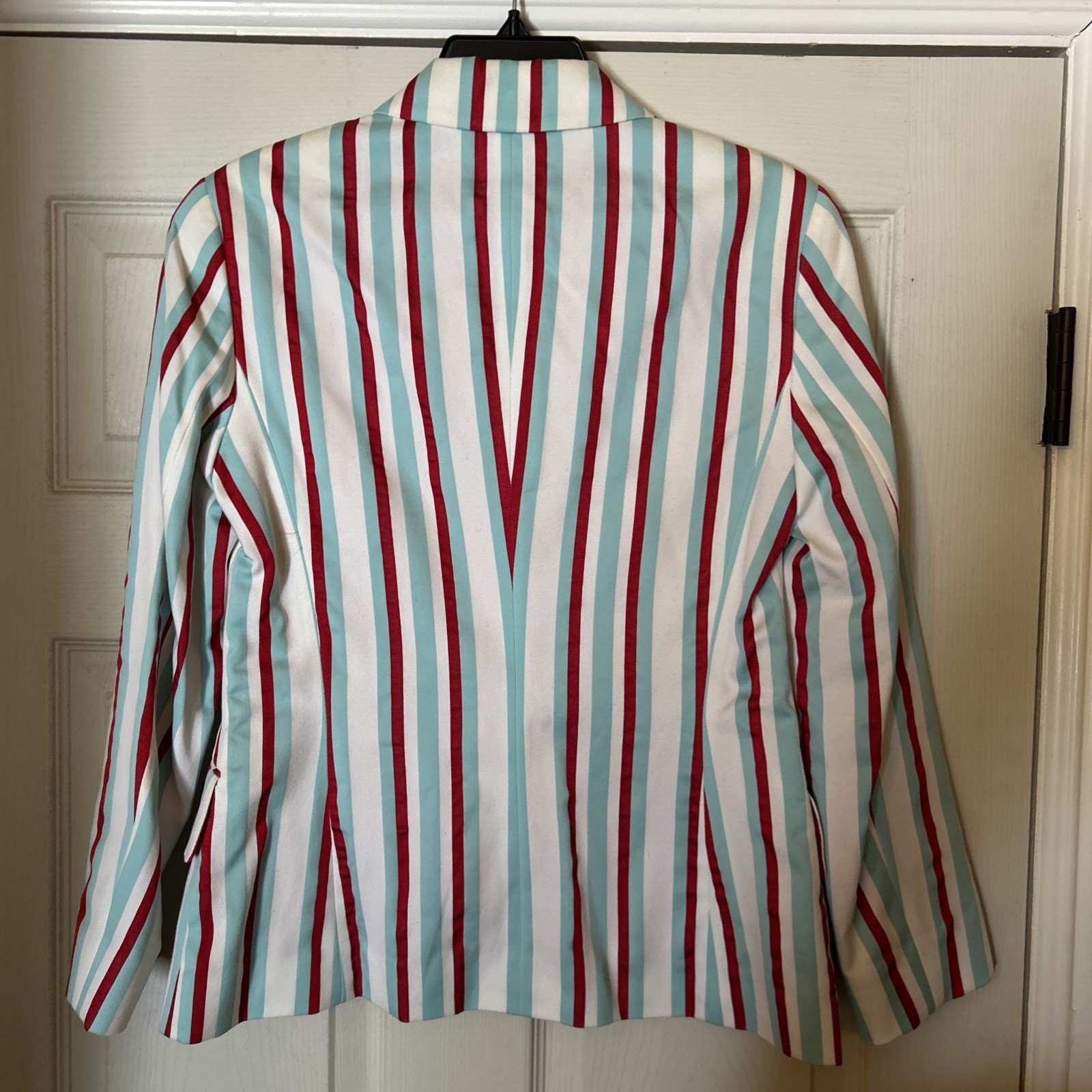 Vintage Escada Womens Sport Jacket Blazer Aqua Blue Red White Striped 34