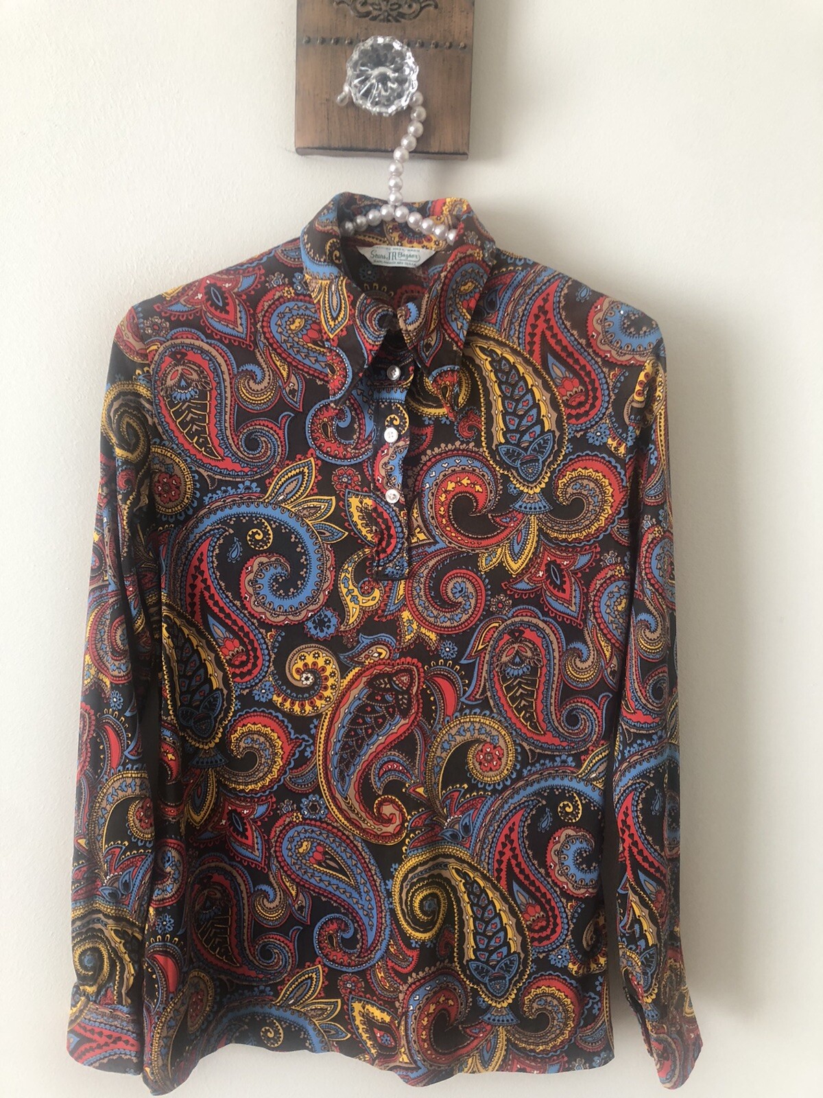 Vintage Sears Junior Bazaar Brown Paisley Print Blouse Long Sleeve Retro Groovy