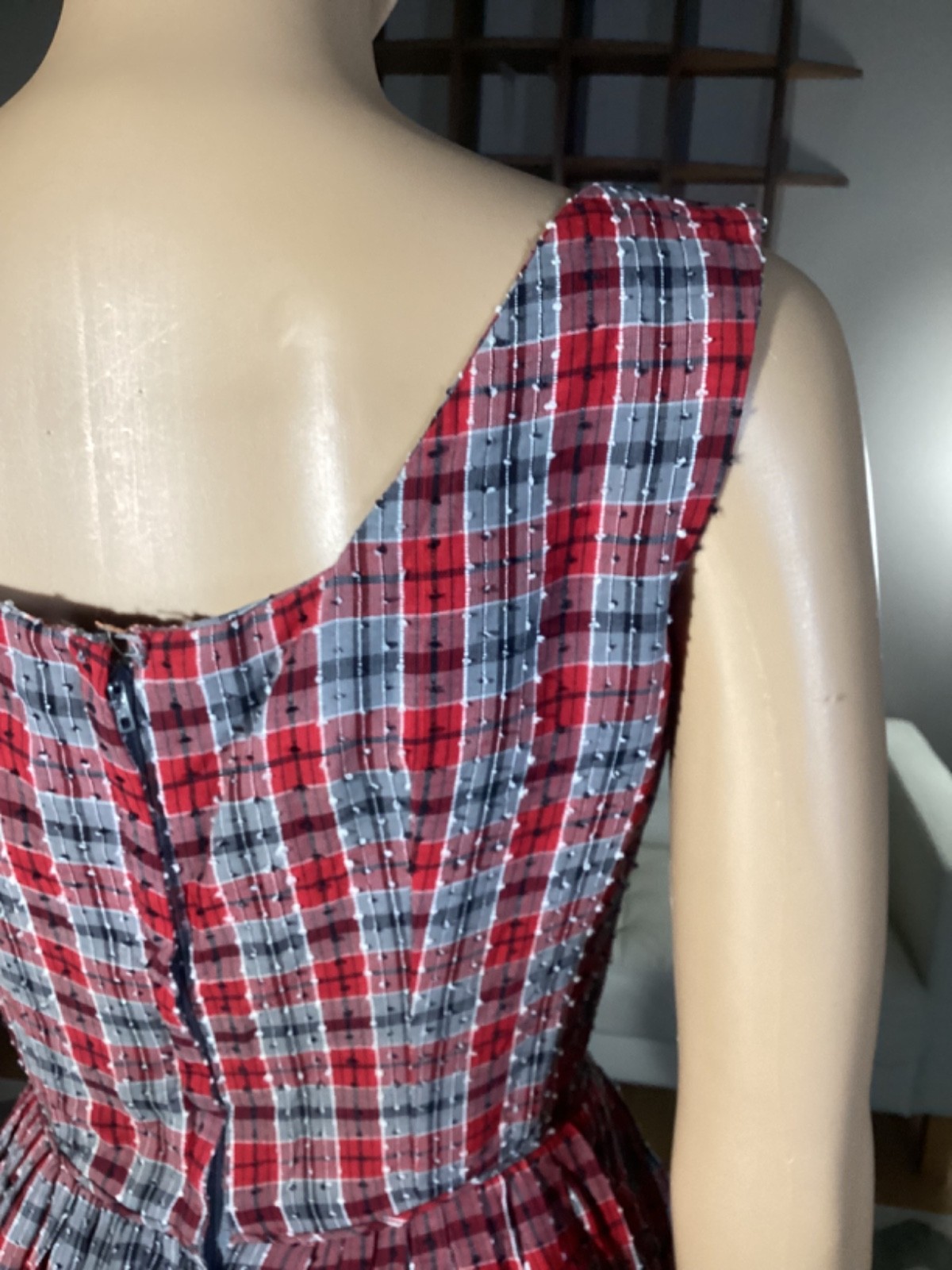 Vintage 1950s Plaid Nubby Sleeveless Day Dress Red Gray Rockabilly