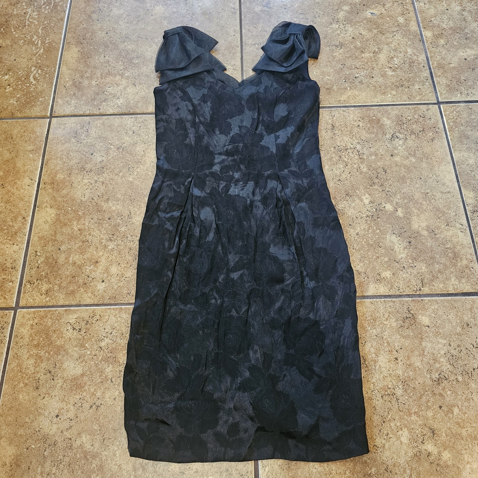 Vintage 80s Midi Dress Midnight Glo Black Floral Roses Party Bows Gothic Glam