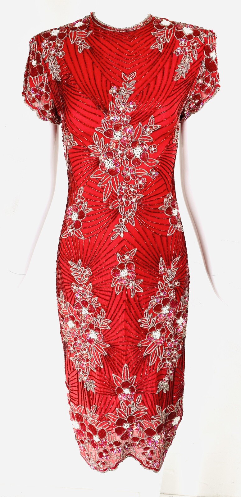 Vintage NAEEM KHAN LILLIE RUBIN Red Floral Bead Sequin Cocktail Dress Gown, XS