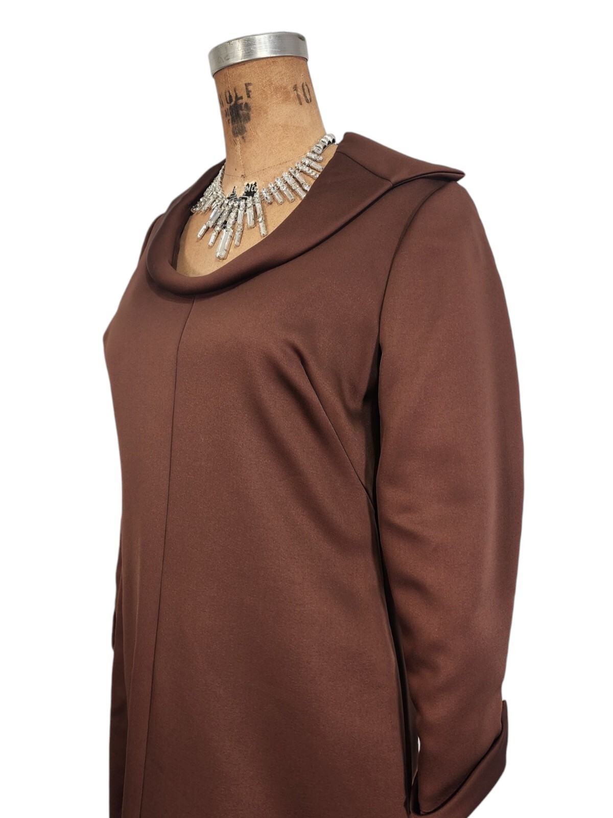 Vtg 70s Maxi Dress M Open Collar Scoop Neck Long Tailored Brown Cocoa Long Gown