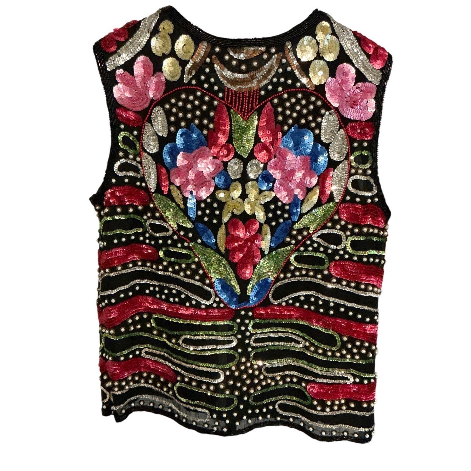 Vintage 80s Silk Beaded Sequin Vest Floral Heart Multicolor Black Size M L