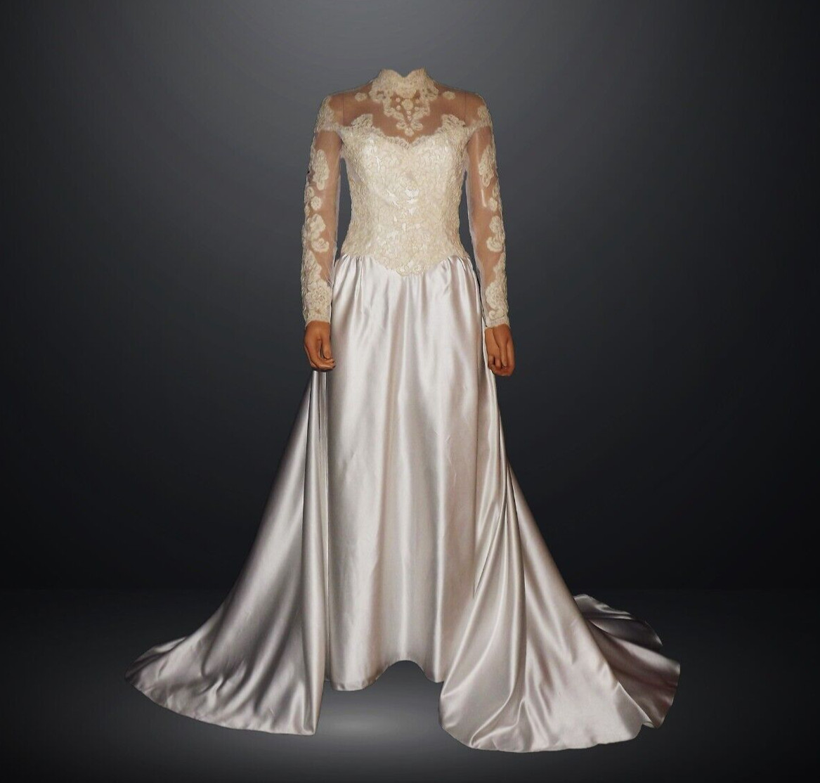 Liquid Satin Silk Wedding Dress Illusion Lace Ivory A-Line Bridal Gown