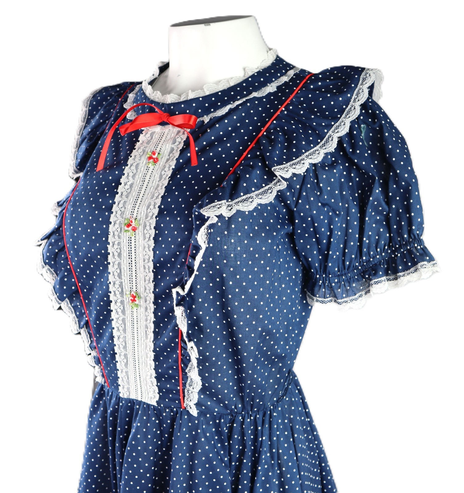 VTG 60s Jeri Bee USA 0 XS Square Dance Prairie Lace Polka Dot Knee Dress Blue