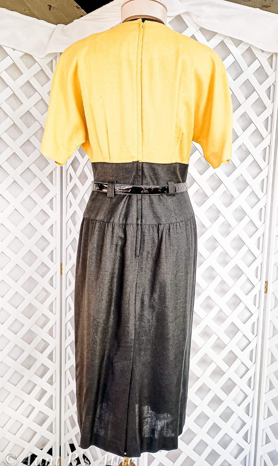 Vintage 80’s Dress Kasper For ASL Yell/Blk Linen Sheath Style Belted Dress 6/7
