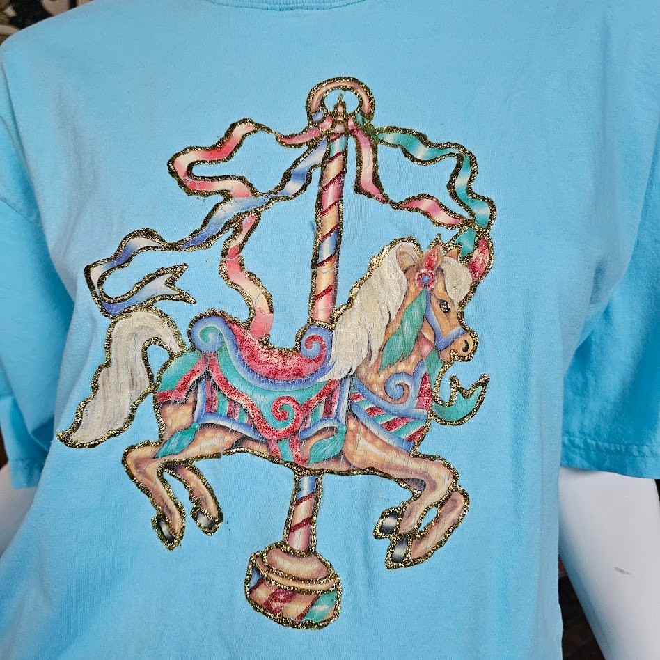 Vtg 80s 90s Sunbelt Merry Go Round Carousel Horse Whimsical T-Shirt Dress OSFM