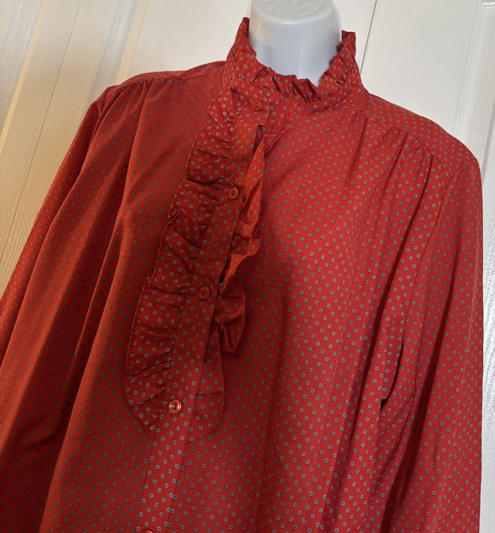 Vintage LEWMAR 1970s Red Floral Ruffled High Neck Blouse Secretary Geek XL