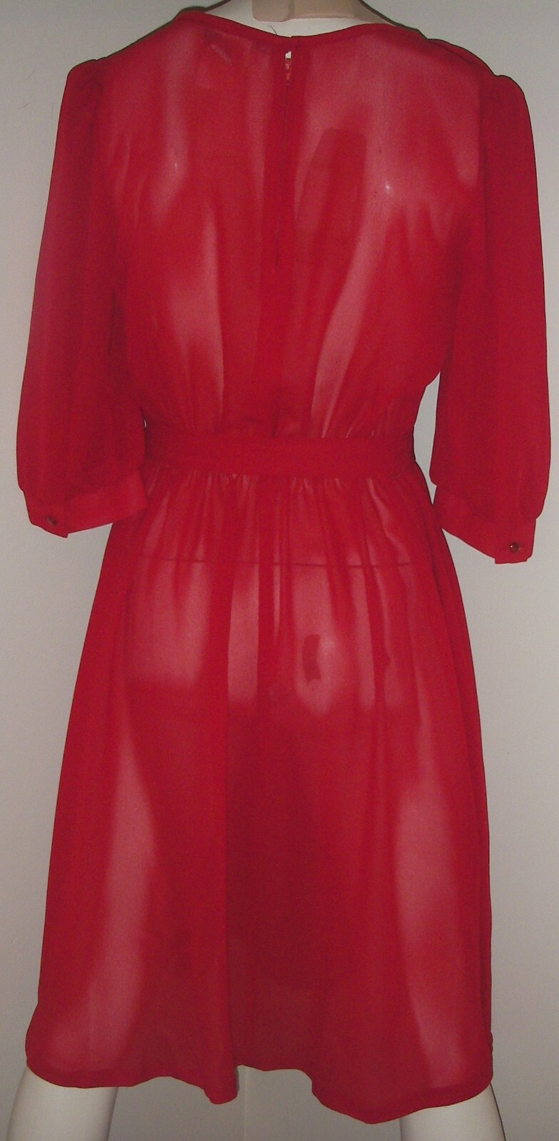 Vintage 80s Nu-Mode Red Dress Small 5/6 Sheer Puff Sleeve Formal Cocktail Prom