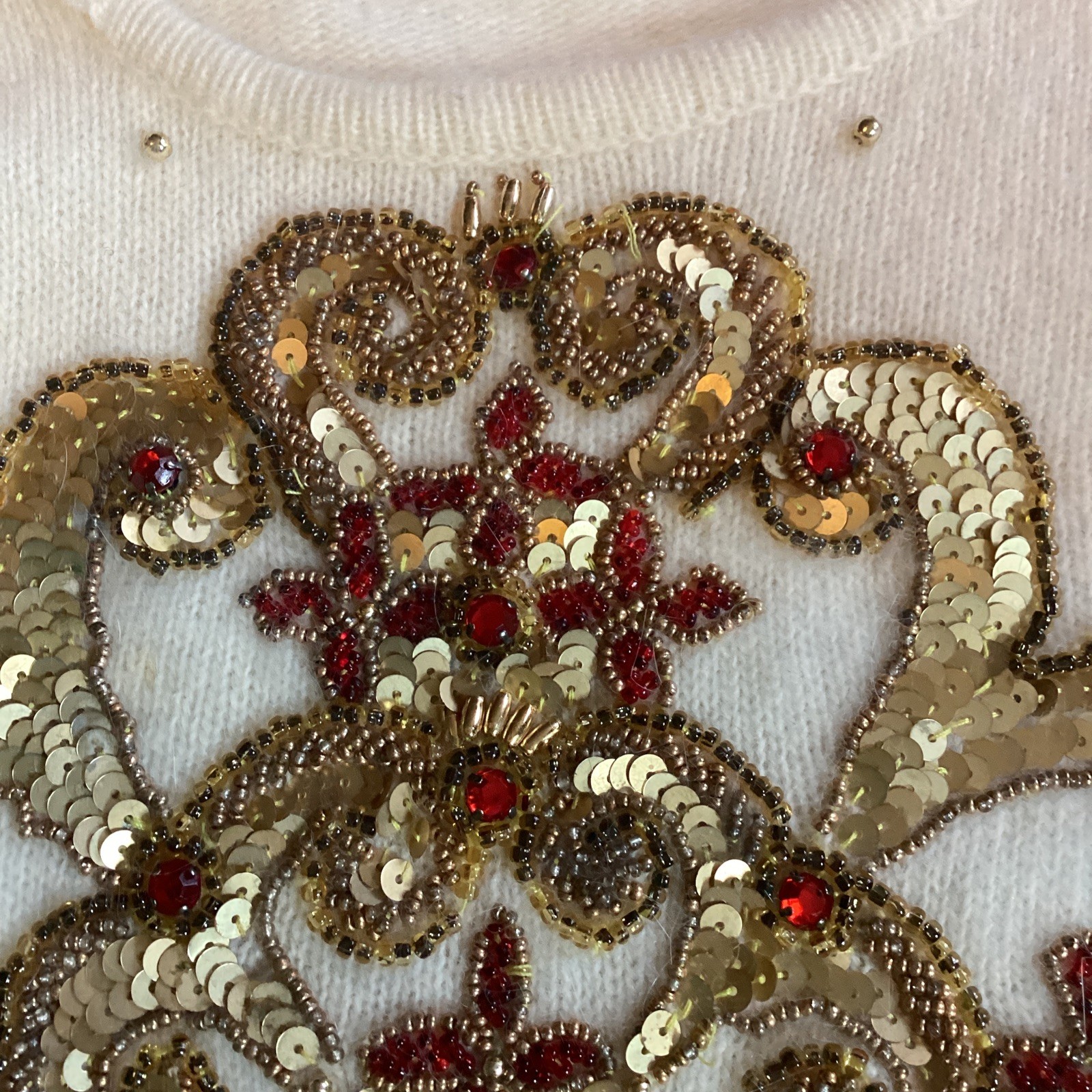 VTG Marisa Christina Sweater Winter White Wool/Angora Large Gold & Red Beading