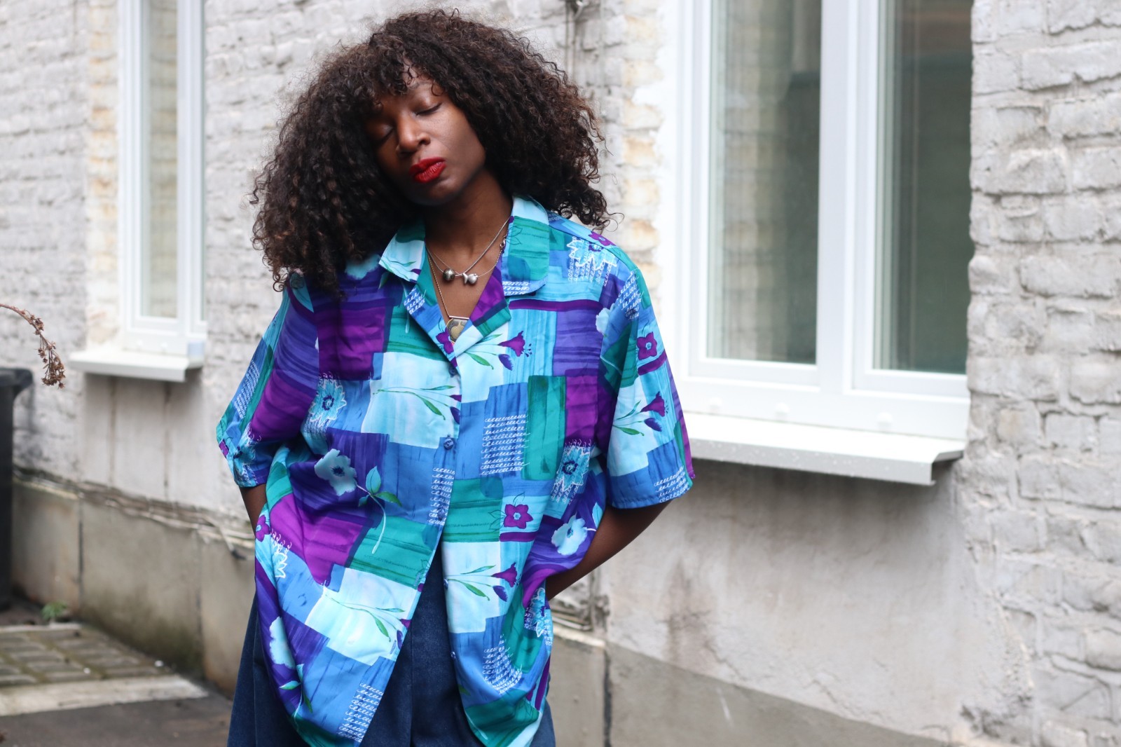 Vintage Blouse Abstract Pattern Blue Purple 90s Oversized Short Sleeve Shirt L