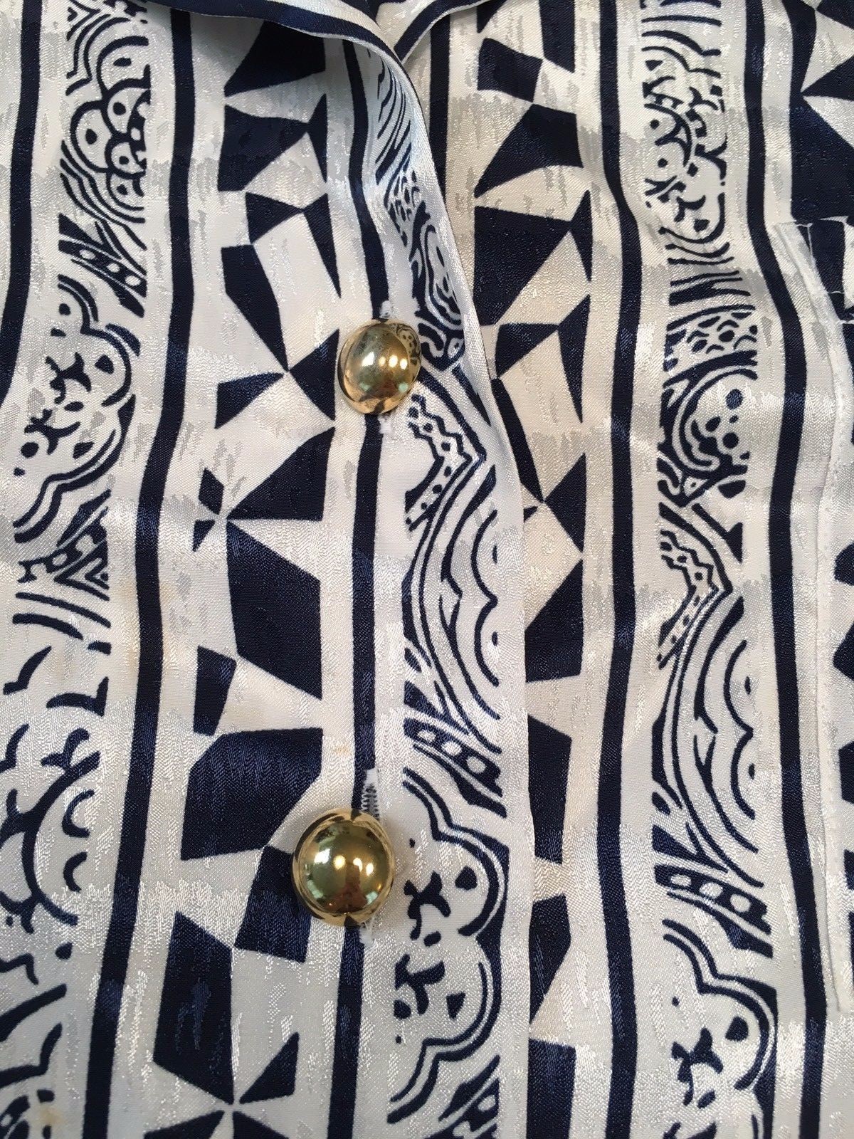 Vintage Womens BLEYLE Buttoned S/S Blouse – Dk Blue/White Geometric – Size 12