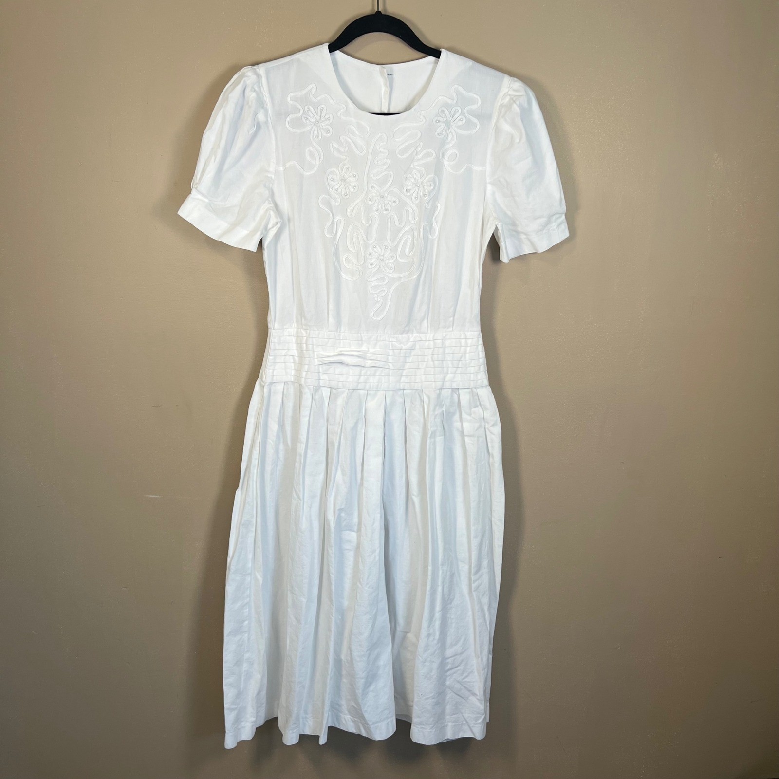 Vintage White Cotton Embroidered Midi Dress Puffed Sleeve Beaded Drop Waist