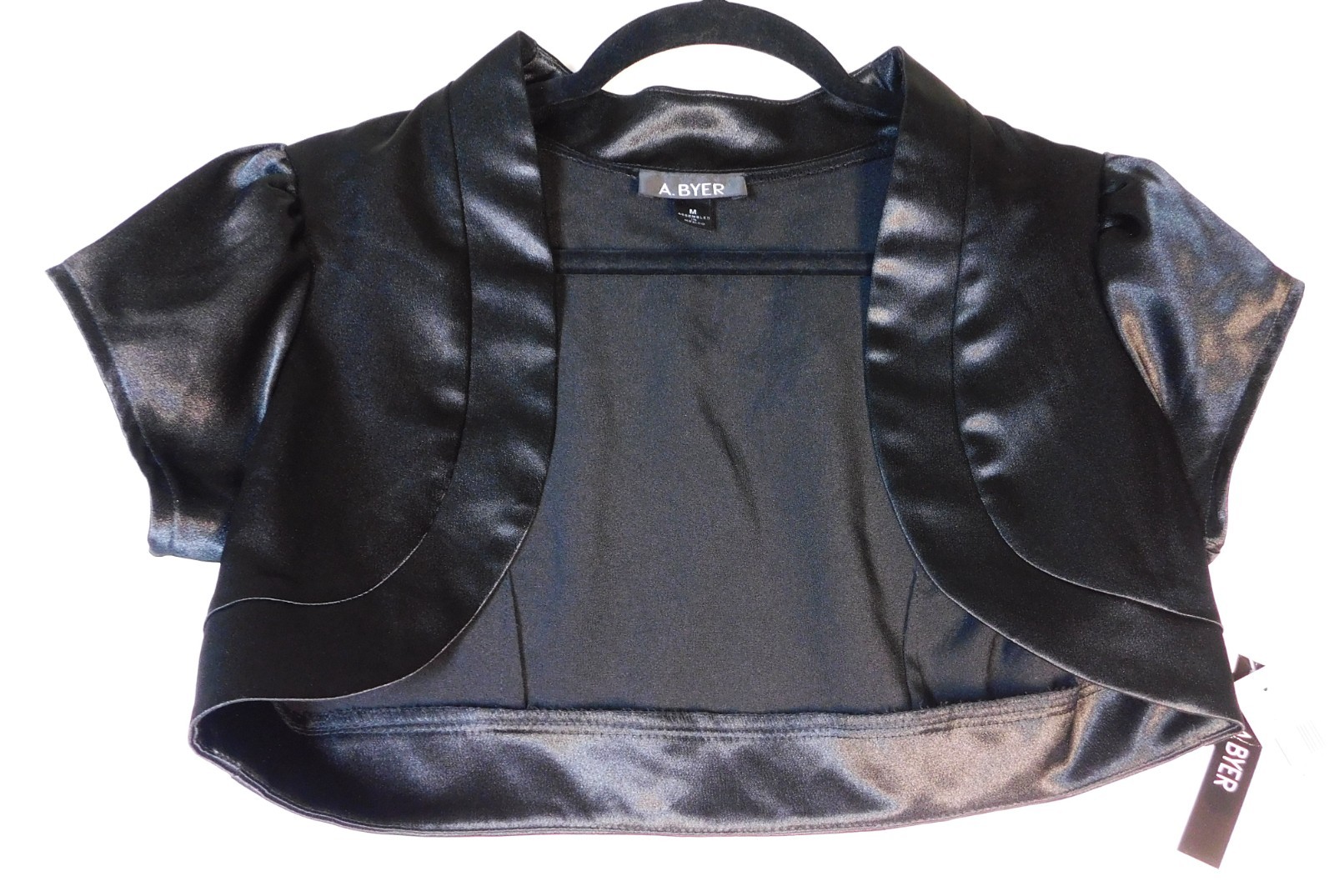 A. Byer Women’s M Black Silky Cropped Open Shrug with Cap Sleeves New With Tag