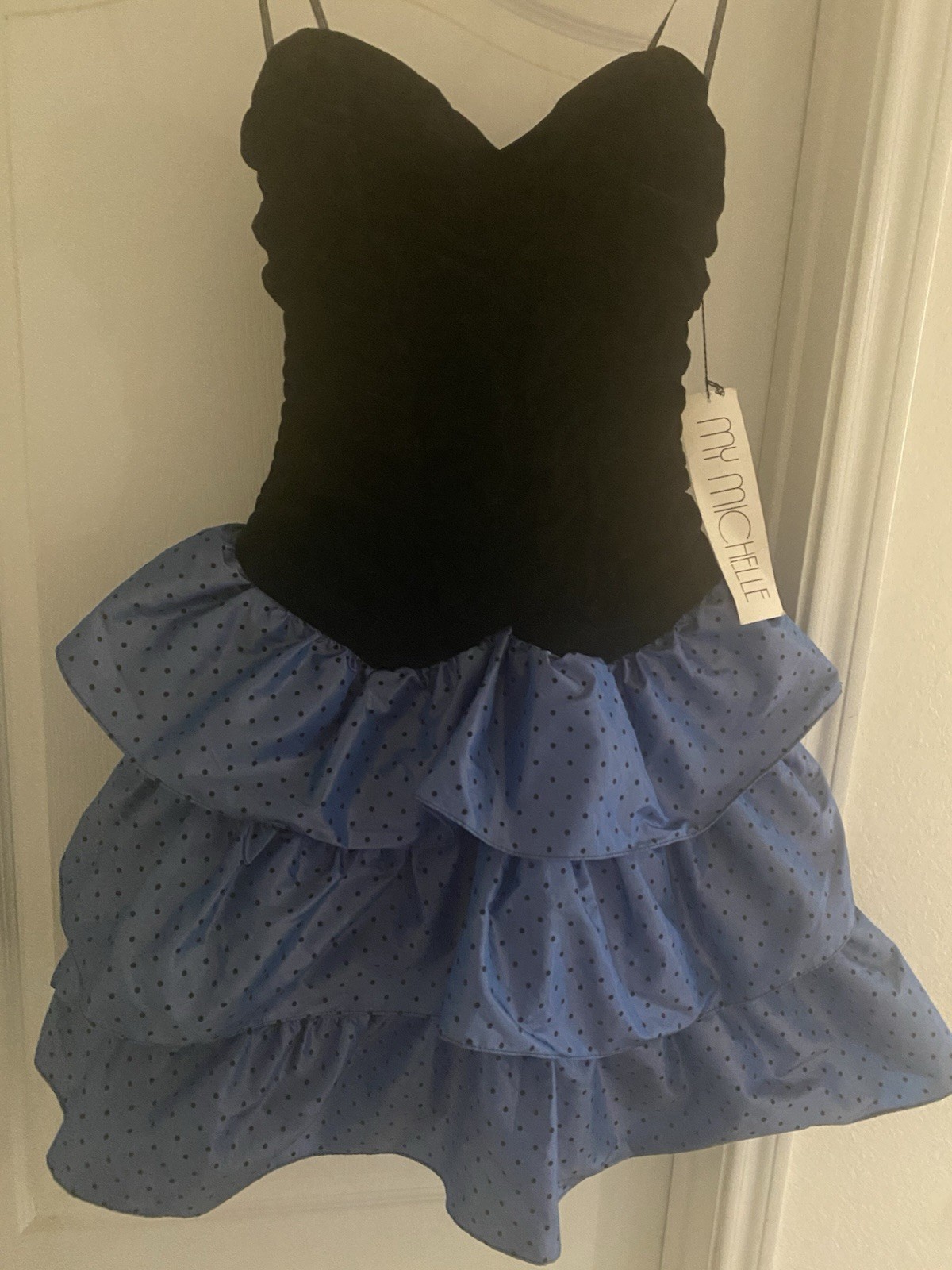 VTG Y2K My Michelle Strapless Black Velvet Bodice Polka Dot Tiered Dress 11/12
