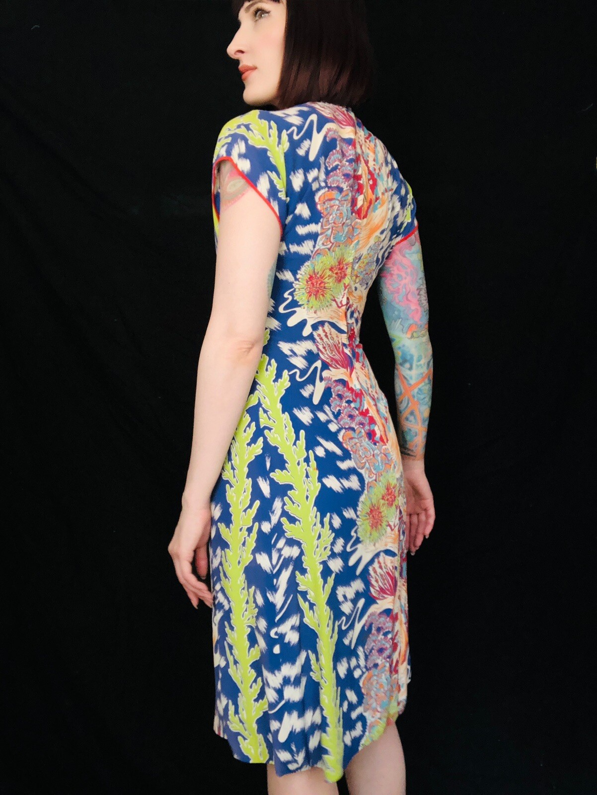 Vintage 1940s 40s Cold Rayon Wild Psychedelic Floral Hawaiian Dress Tiki Oasis